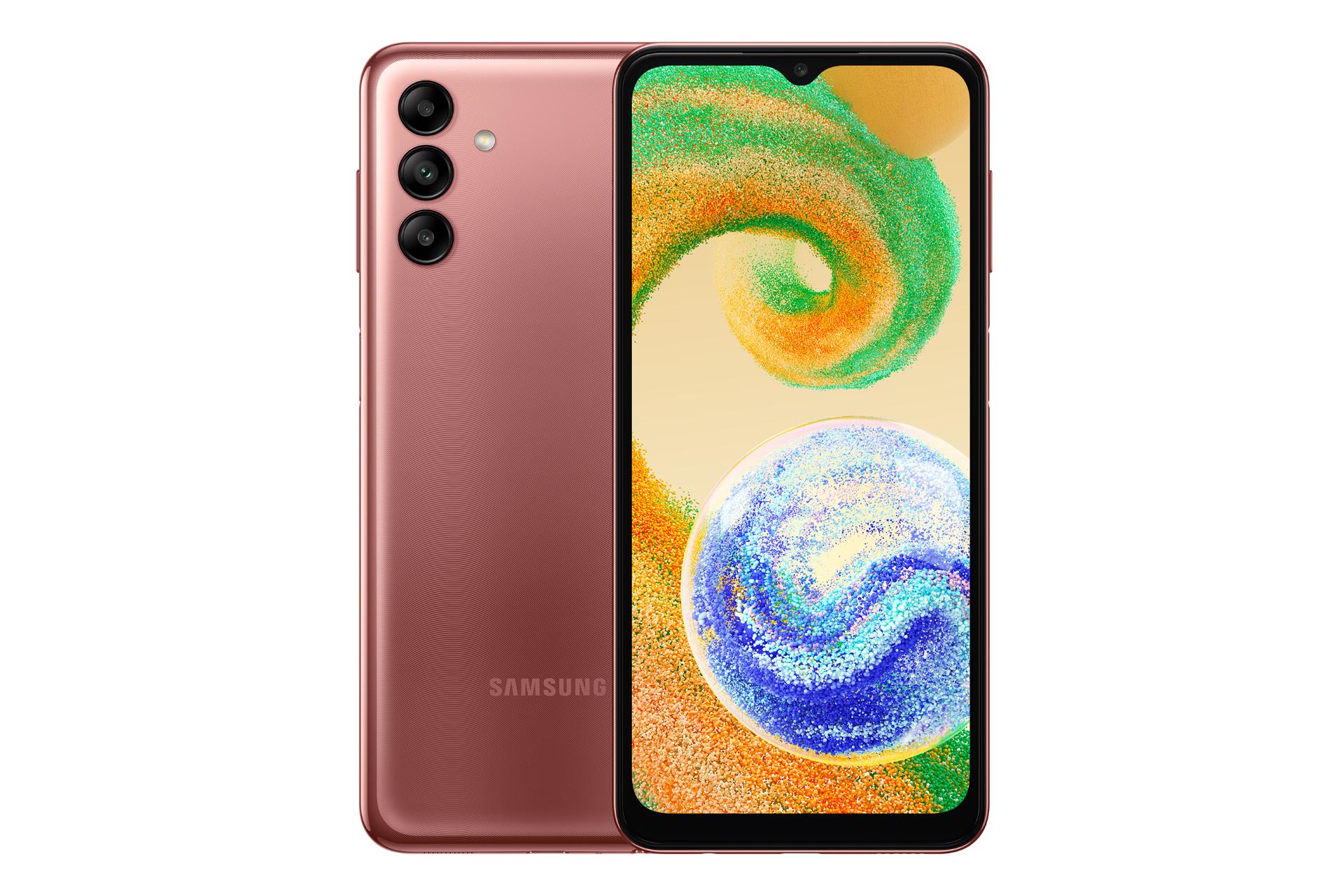 نمای کلی گوشی موبایل گلکسی A04s سامسونگ / Samsung Galaxy A04s با نمایشگر روشن و نمایش لوگو و دوربین پشت رنگ مسی
