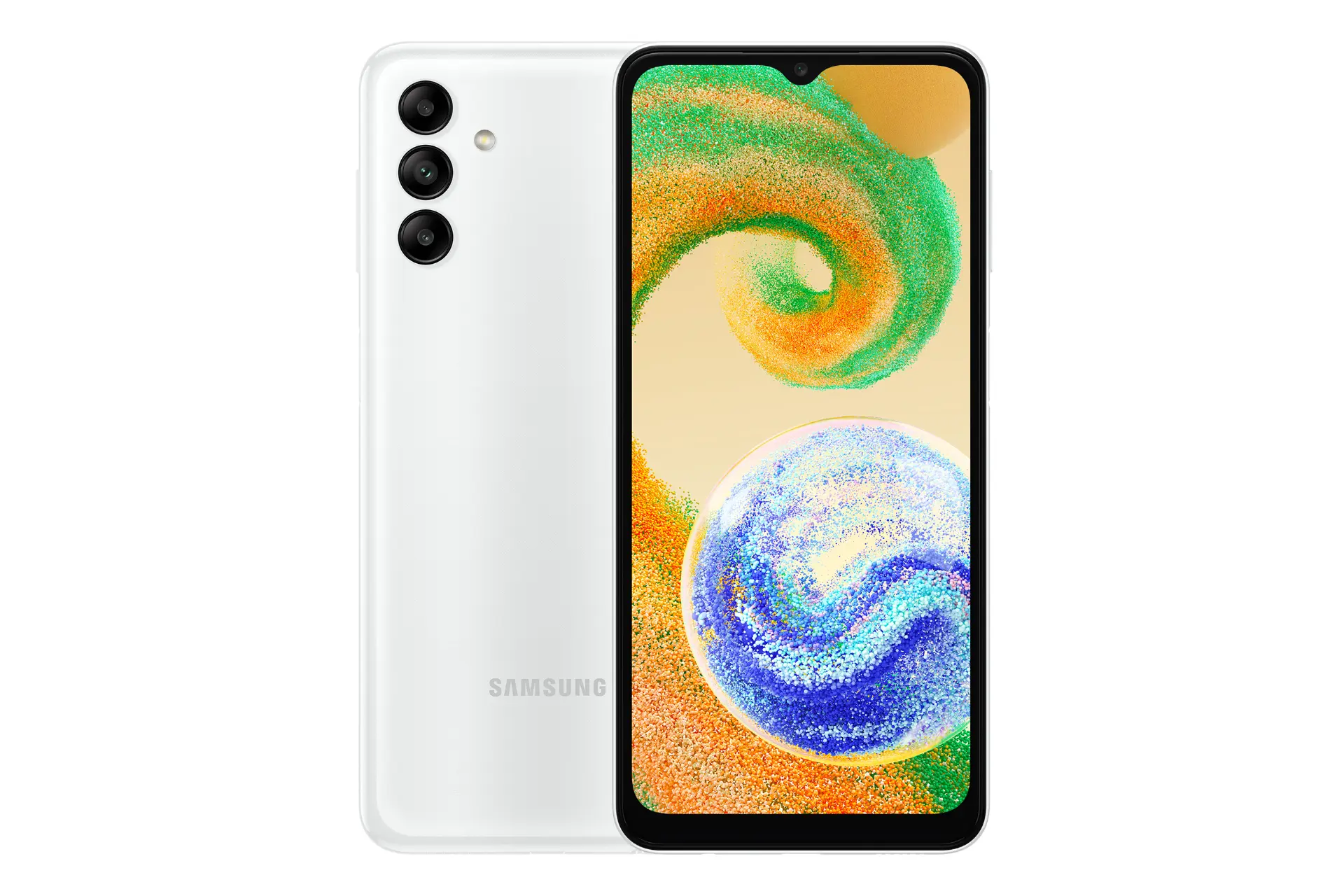 نمای کلی گوشی موبایل گلکسی A04s سامسونگ / Samsung Galaxy A04s با نمایشگر روشن و نمایش لوگو و دوربین پشت رنگ سفید