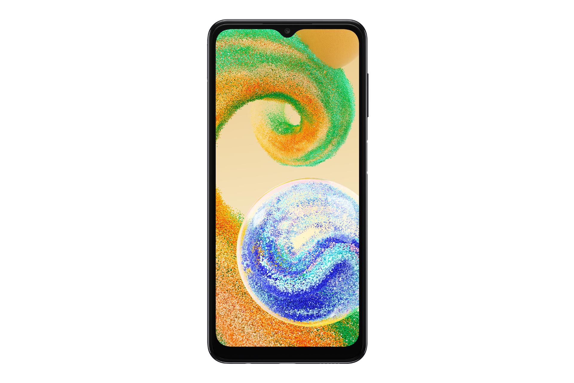 نمای روبه‌روی گوشی موبایل گلکسی A04s سامسونگ / Samsung Galaxy A04s با نمایش دوربین سلفی و حاشیه های نمایشگر رنگ مشکی