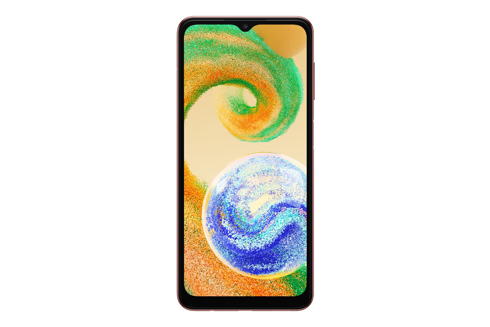 نمای روبه‌روی گوشی موبایل گلکسی A04s سامسونگ / Samsung Galaxy A04s با نمایش دوربین سلفی و حاشیه های نمایشگر رنگ مسی