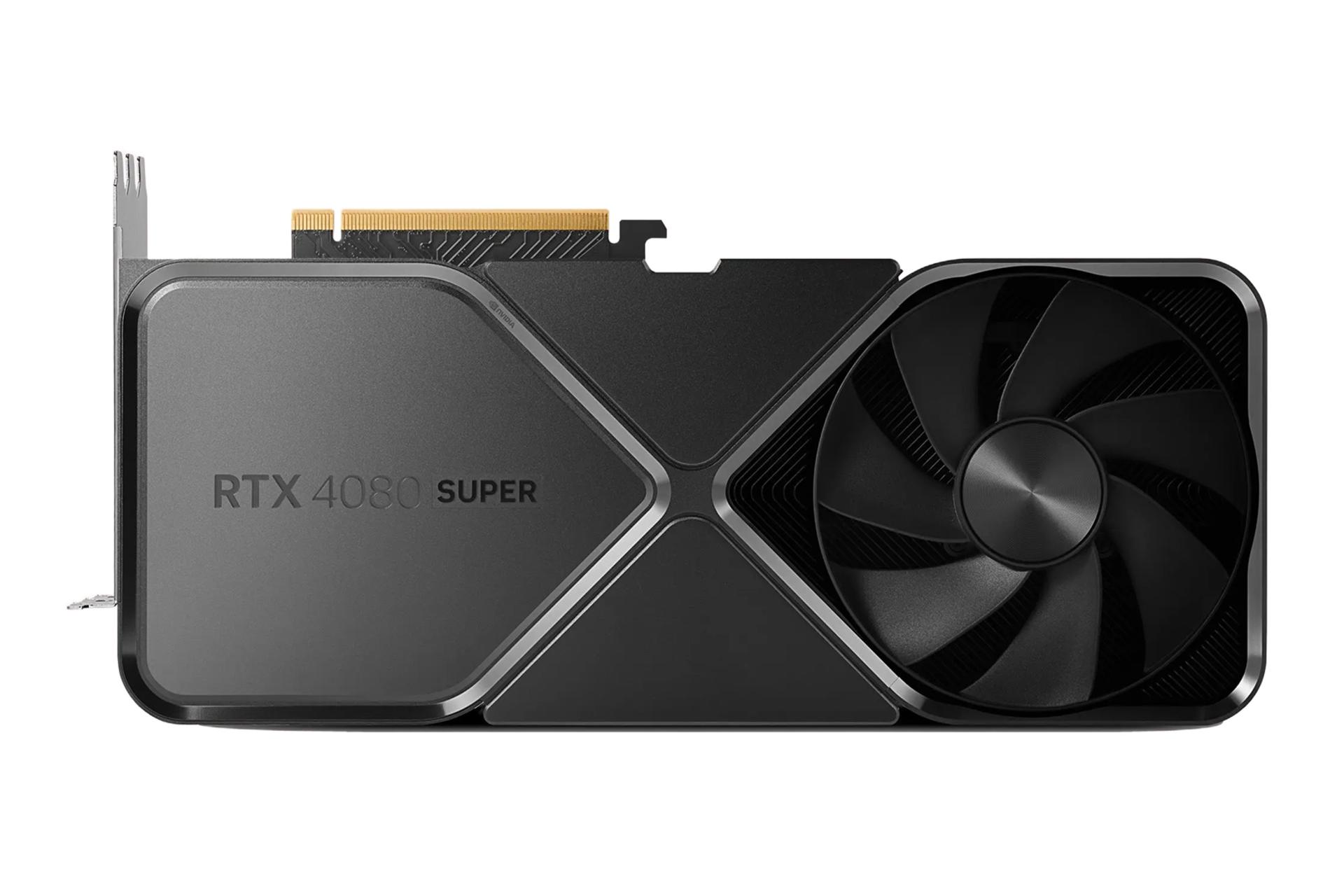 نمای روبه‌روی کارت گرافیک انویدیا جی فورس RTX 4080 SUPER با نمایش لوگو و فن