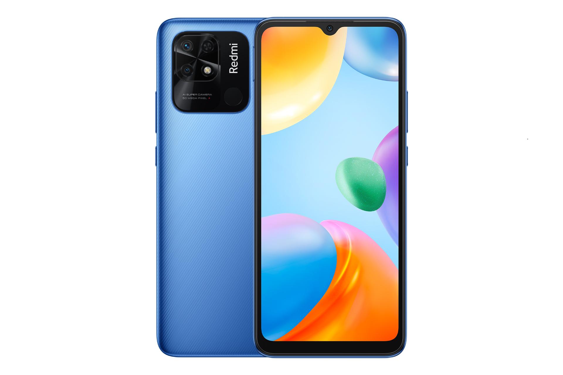 نمای کلی گوشی موبایل ردمی 10C شیائومی / Xiaomi Redmi 10C با نمایشگر روشن و نمایش لوگو و دوربین پنل پشت رنگ آبی