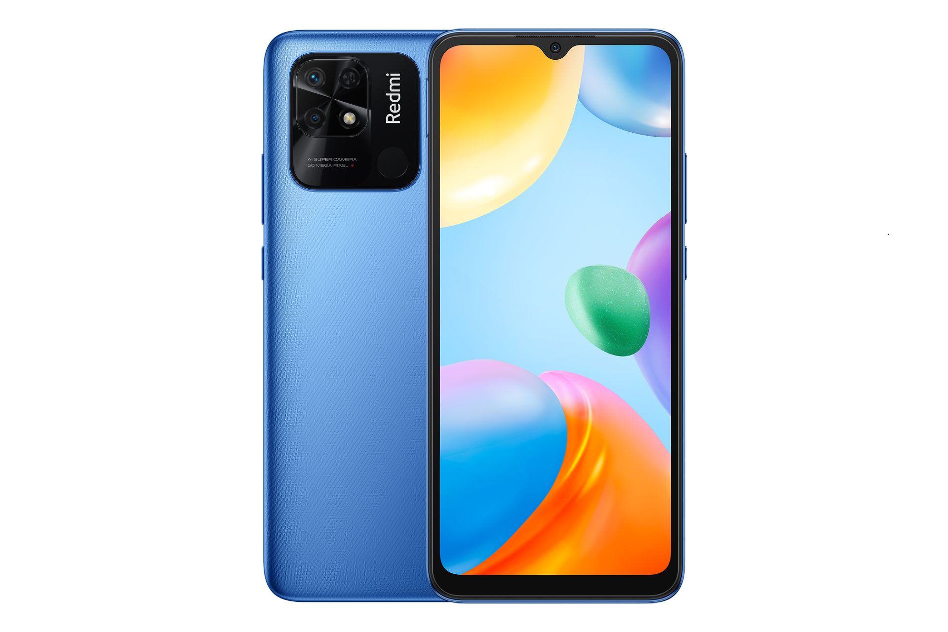 نمای کلی گوشی موبایل ردمی 10C شیائومی / Xiaomi Redmi 10C با نمایشگر روشن و نمایش لوگو و دوربین پنل پشت رنگ آبی