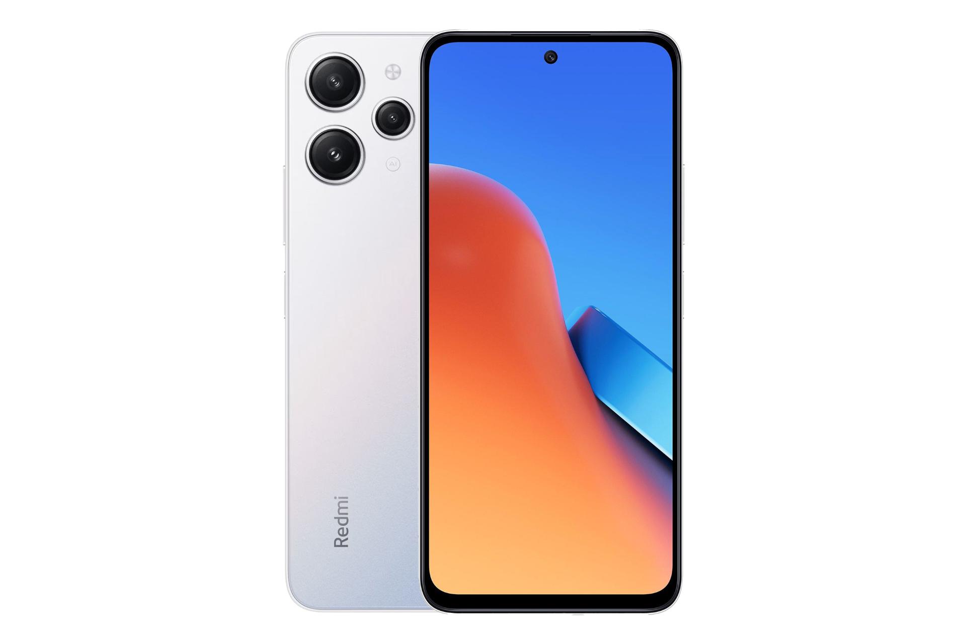 نمای کلی گوشی موبایل ردمی 12 شیائومی / Xiaomi Redmi 12 با نمایشگر روشن و نمایش لوگو و دوربین پشت رنگ نقره‌ای