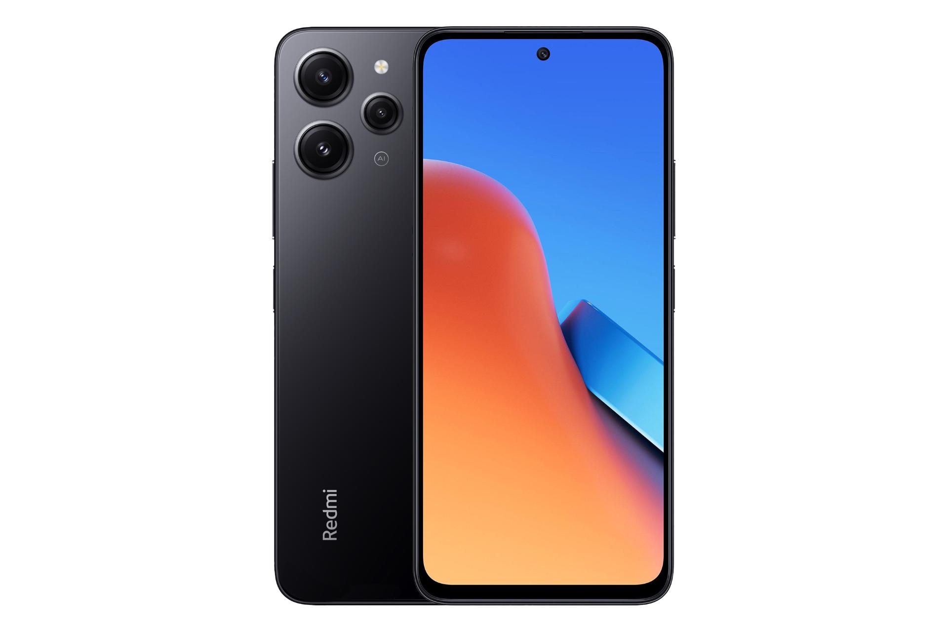 نمای کلی گوشی موبایل ردمی 12 شیائومی / Xiaomi Redmi 12 با نمایشگر روشن و نمایش لوگو و دوربین پشت رنگ مشکی