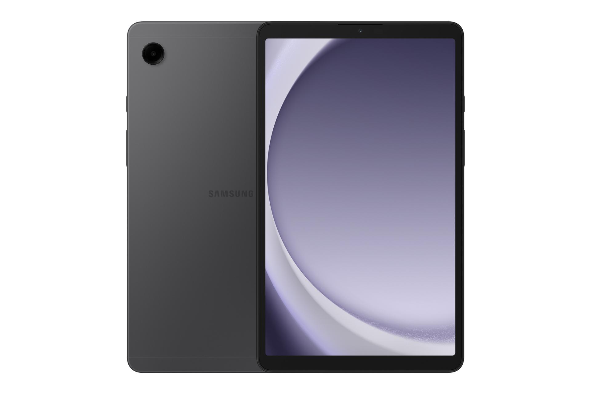 نمای کلی تبلت گلکسی تب A9 سامسونگ / Samsung Galaxy Tab A9 با نمایشگر روشن و نمایش لوگو و دوربین پنل پشت رنگ خاکستری