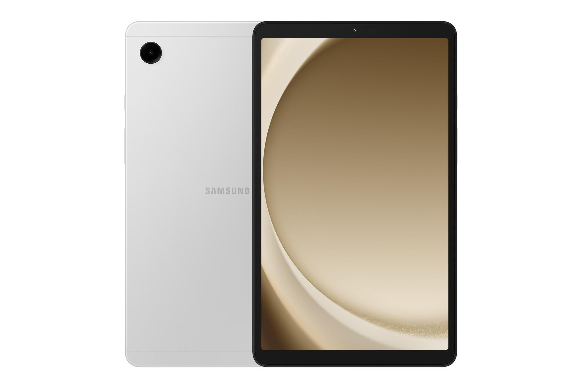 نمای کلی تبلت گلکسی تب A9 سامسونگ / Samsung Galaxy Tab A9 با نمایشگر روشن و نمایش لوگو و دوربین پنل پشت رنگ نقره ای