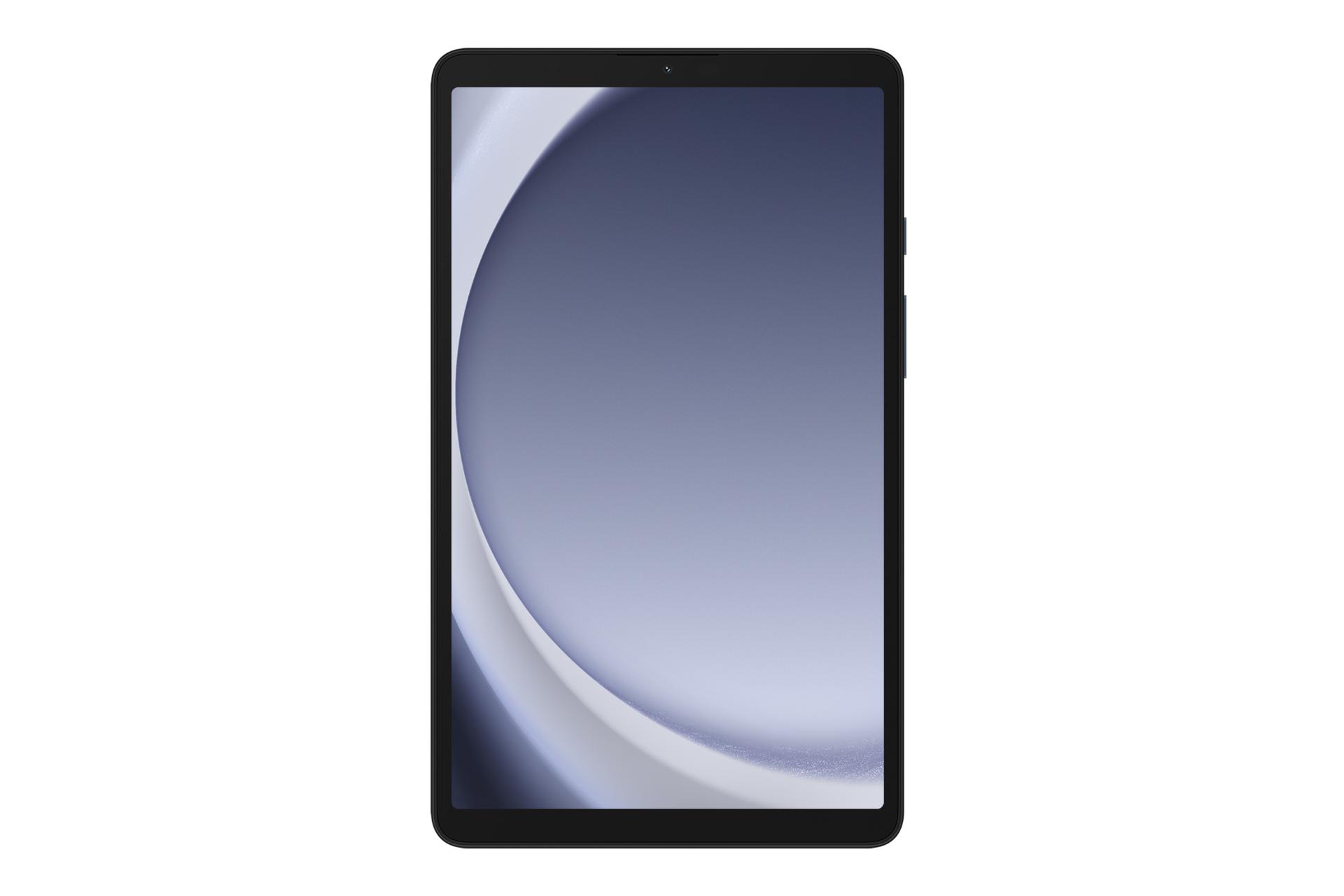 نمای روبه‌روی تبلت گلکسی تب A9 سامسونگ / Samsung Galaxy Tab A9 با نمایشگر روشن و نمایش دوربین سلفی و حاشیه های نمایشگر رنگ آبی
