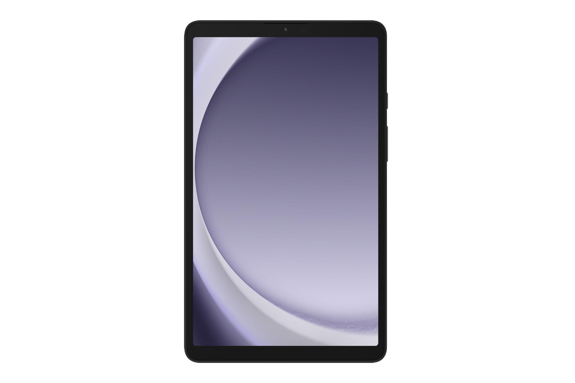 نمای روبه‌روی تبلت گلکسی تب A9 سامسونگ / Samsung Galaxy Tab A9 با نمایشگر روشن و نمایش دوربین سلفی و حاشیه های نمایشگر رنگ خاکستری