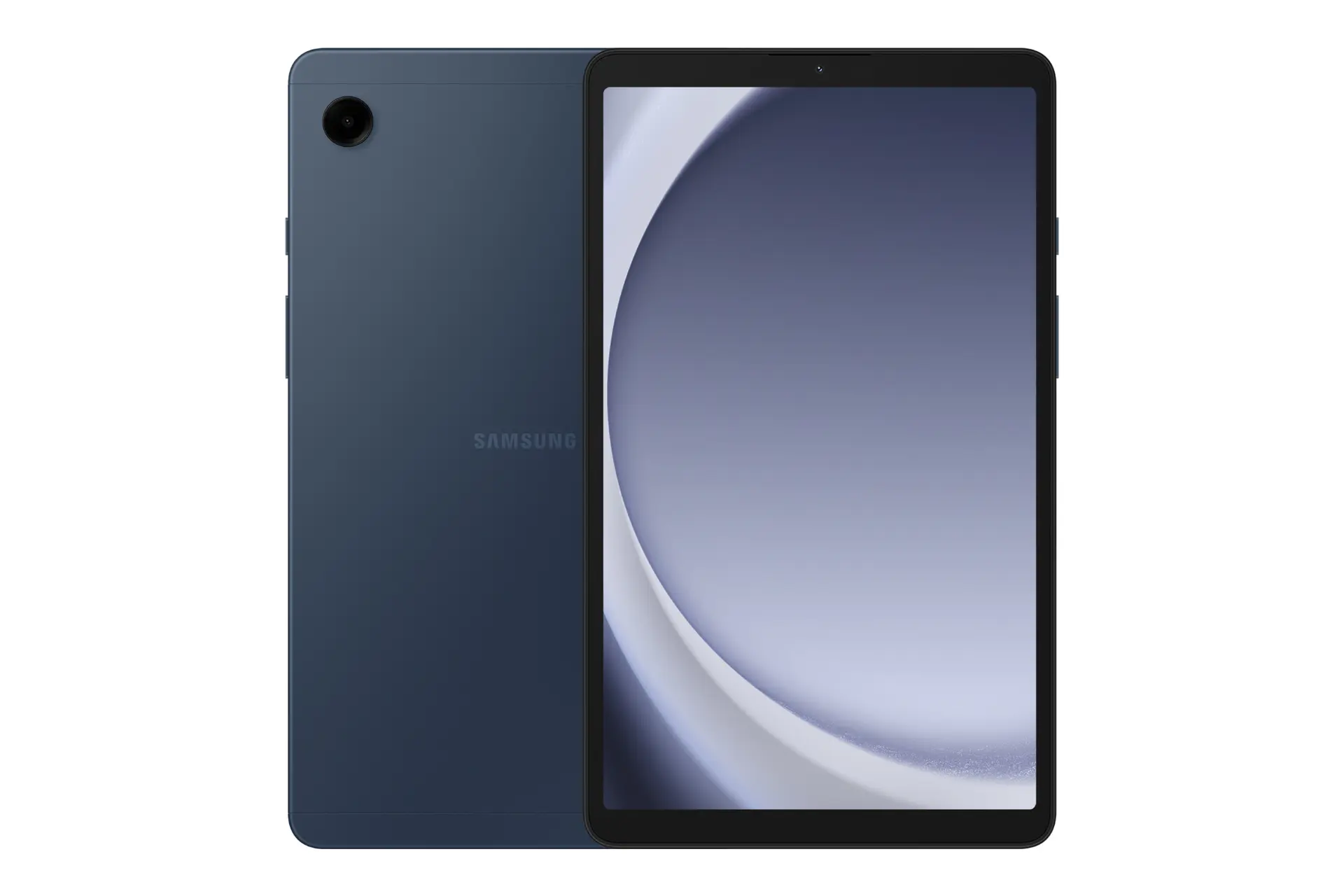 نمای کلی تبلت گلکسی تب A9 سامسونگ / Samsung Galaxy Tab A9 با نمایشگر روشن و نمایش لوگو و دوربین پنل پشت رنگ آبی