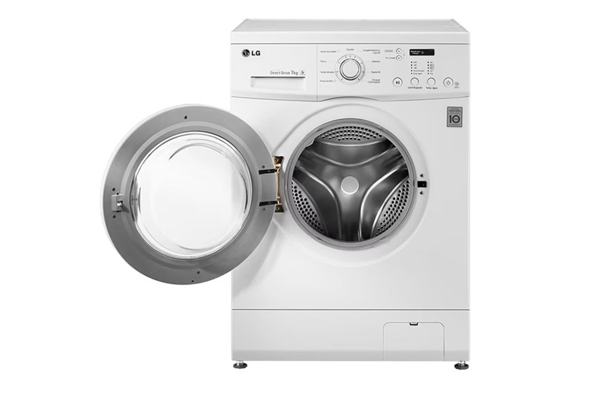 ماشین لباسشویی ال جی LG F10C3QDP2 نمای جلو با درب باز رنگ سفید