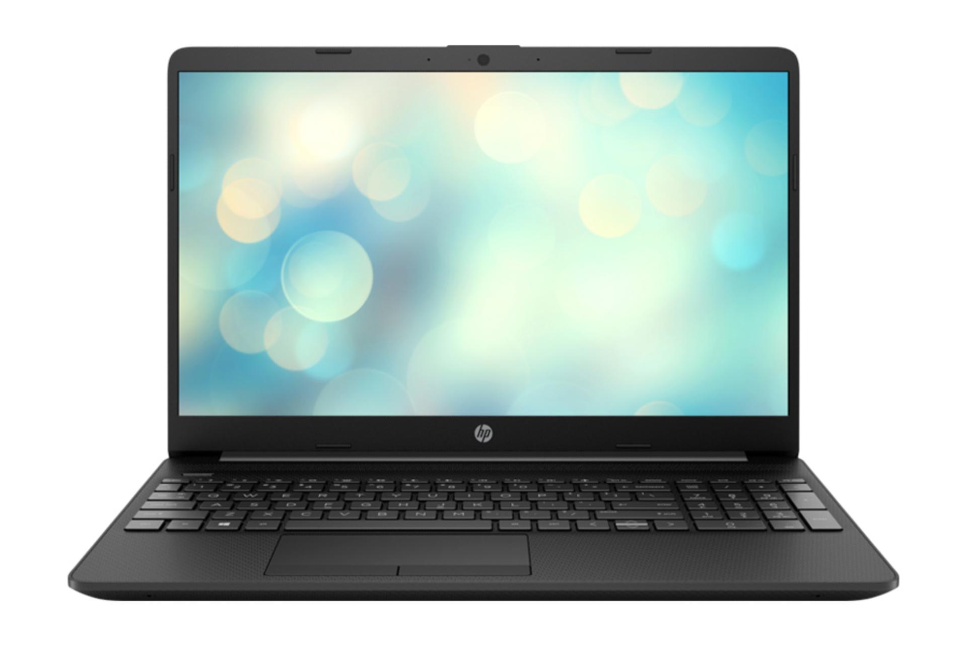 نمای روبه‌روی لپ تاپ 15-DW4028NIA اچ پی با نمایشگر روشن و نمایش کیبورد و ترک پد رنگ مشکی