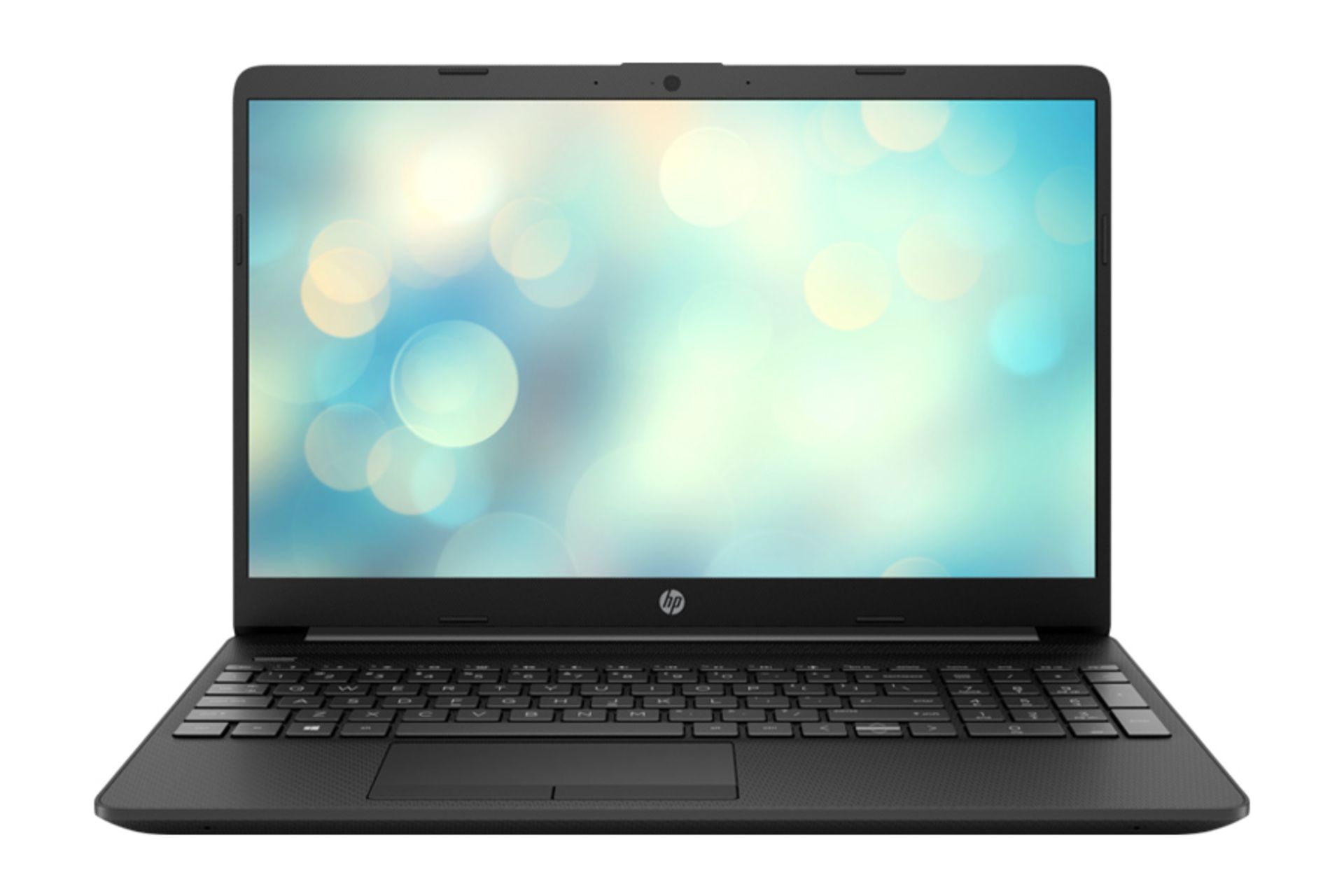 نمای روبه‌روی لپ تاپ 15-DW4028NIA اچ پی با نمایشگر روشن و نمایش کیبورد و ترک پد رنگ مشکی