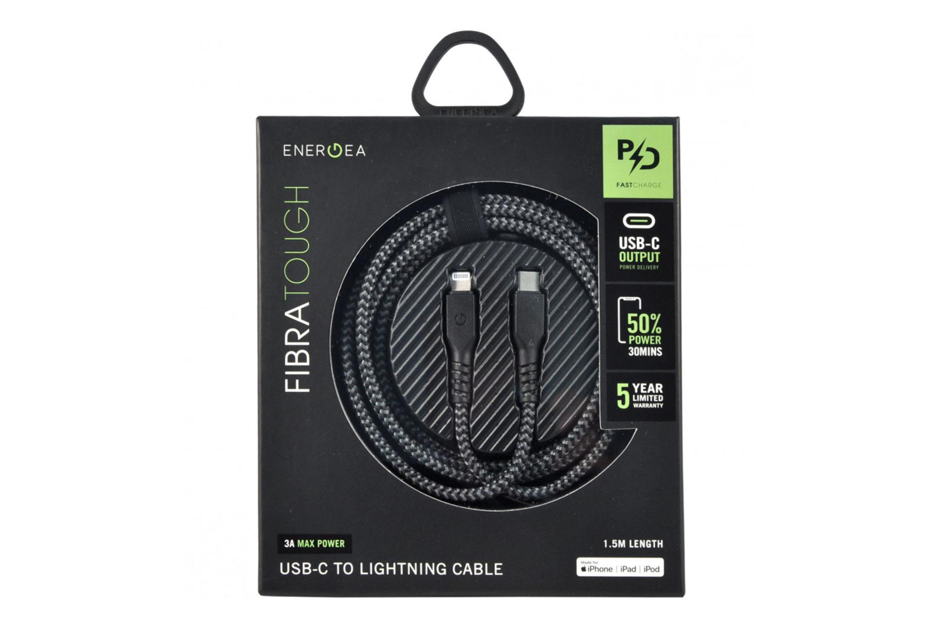 جعبه کابل شارژ USB انرجیا Type-C به Lightning مدل FibraTough با طول 1.5 متر