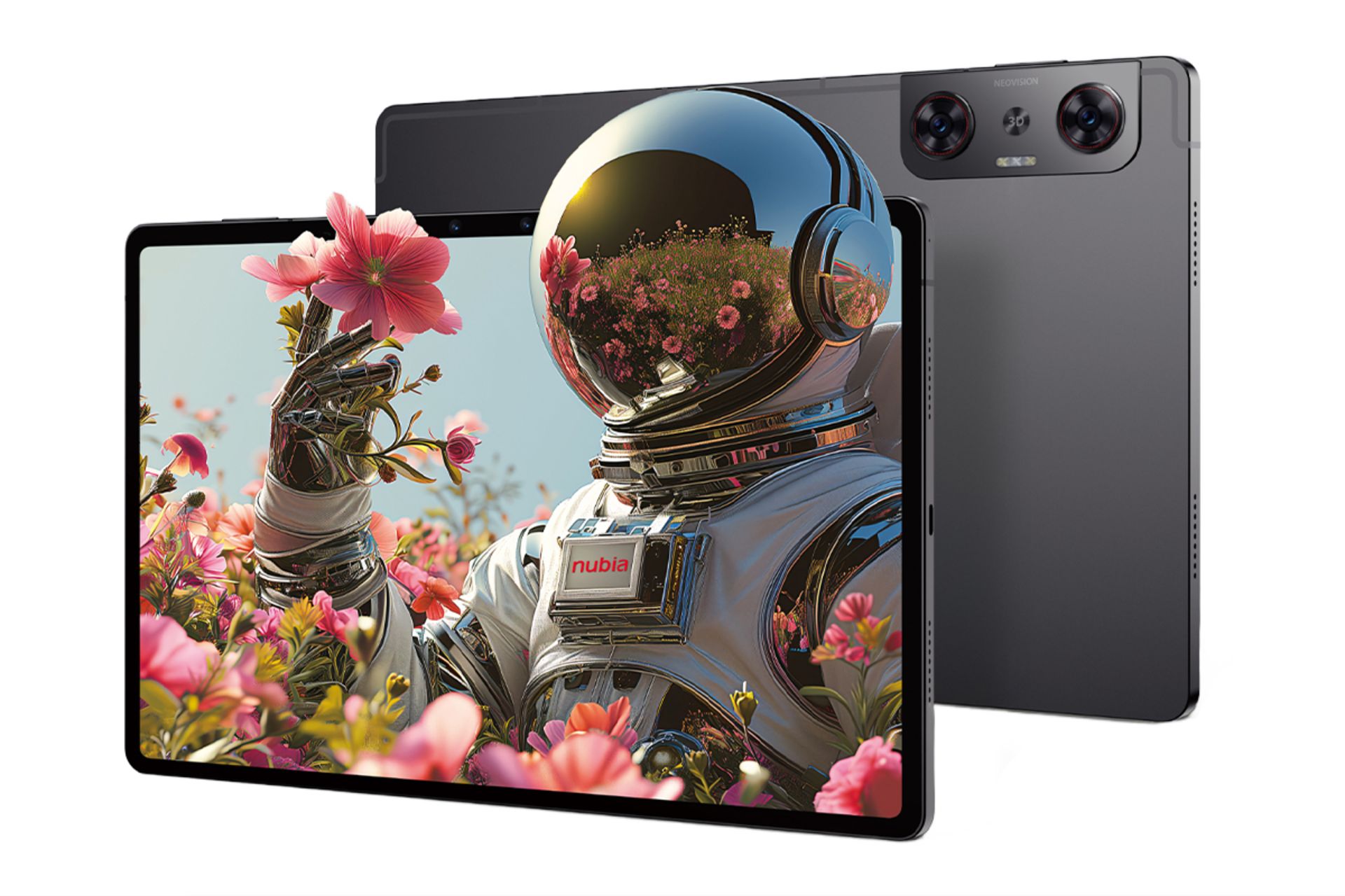 نمای کلی تبلت نوبیا پد 3D 2 زد تی ای / ZTE nubia Pad 3D II با نمایش حالت سه بعدی نمایشگر و دوربین های پنل پشت رنگ خاکستری