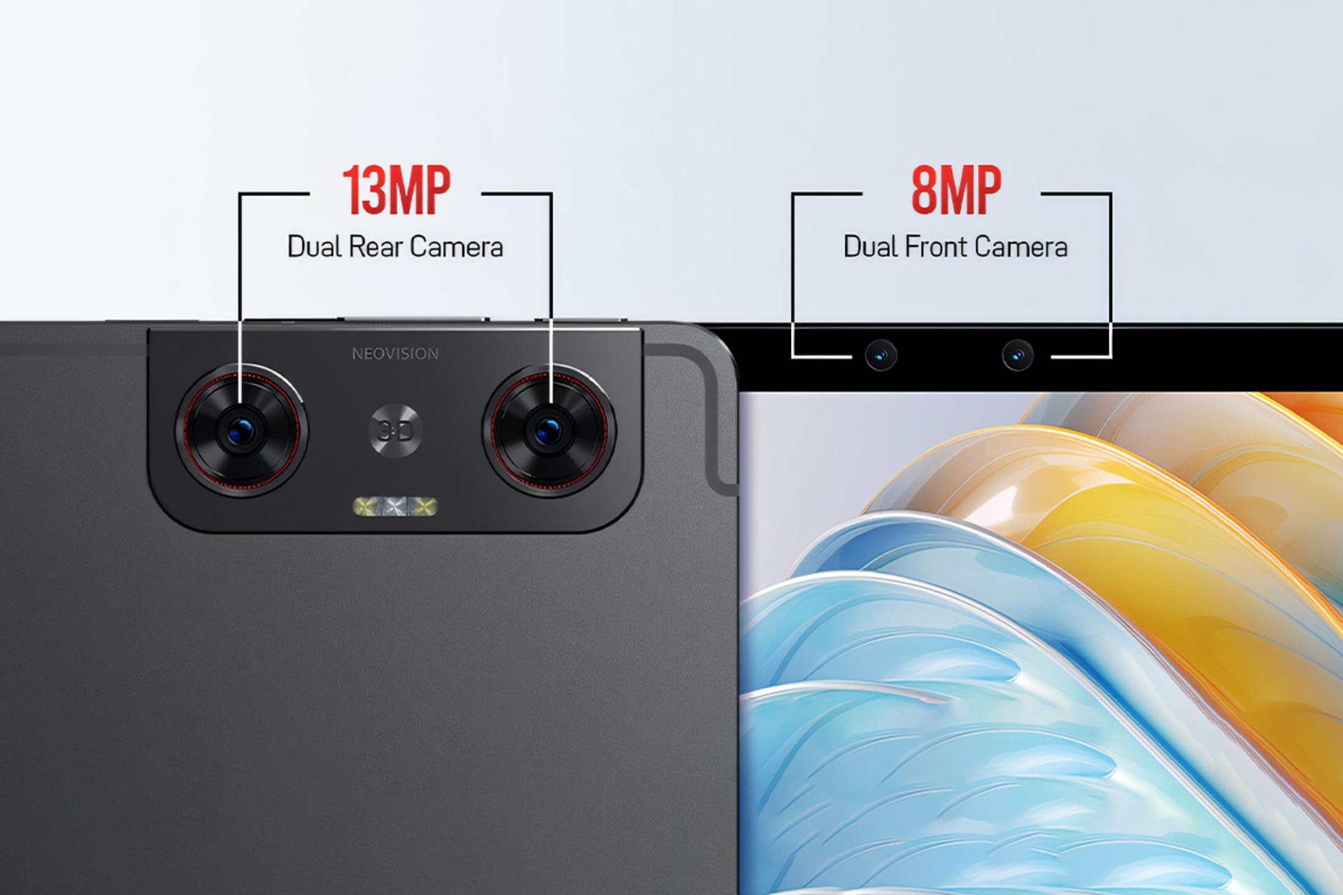 نمای پنل پشت تبلت نوبیا پد 3D 2 زد تی ای / ZTE nubia Pad 3D II با تمرکز روی دوربین دوگانه اصلی و سلفی رنگ خاکستری