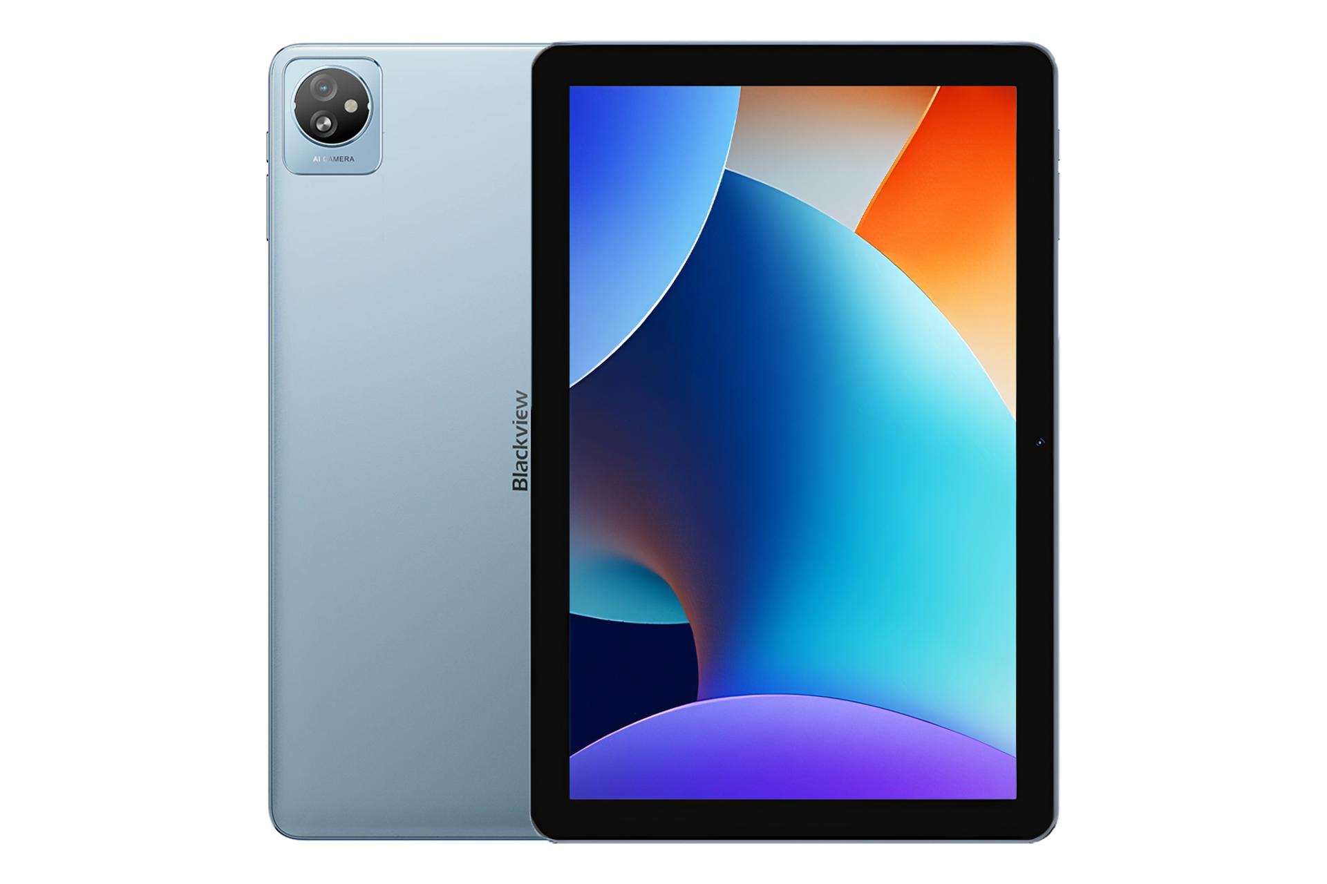 نمای کلی تبلت تب 30 WiFi بلک ویو / Blackview Tab 30 WiFi با نمایشگر روشن و نمایش لوگو و دوربین پنل پشت رنگ آبی