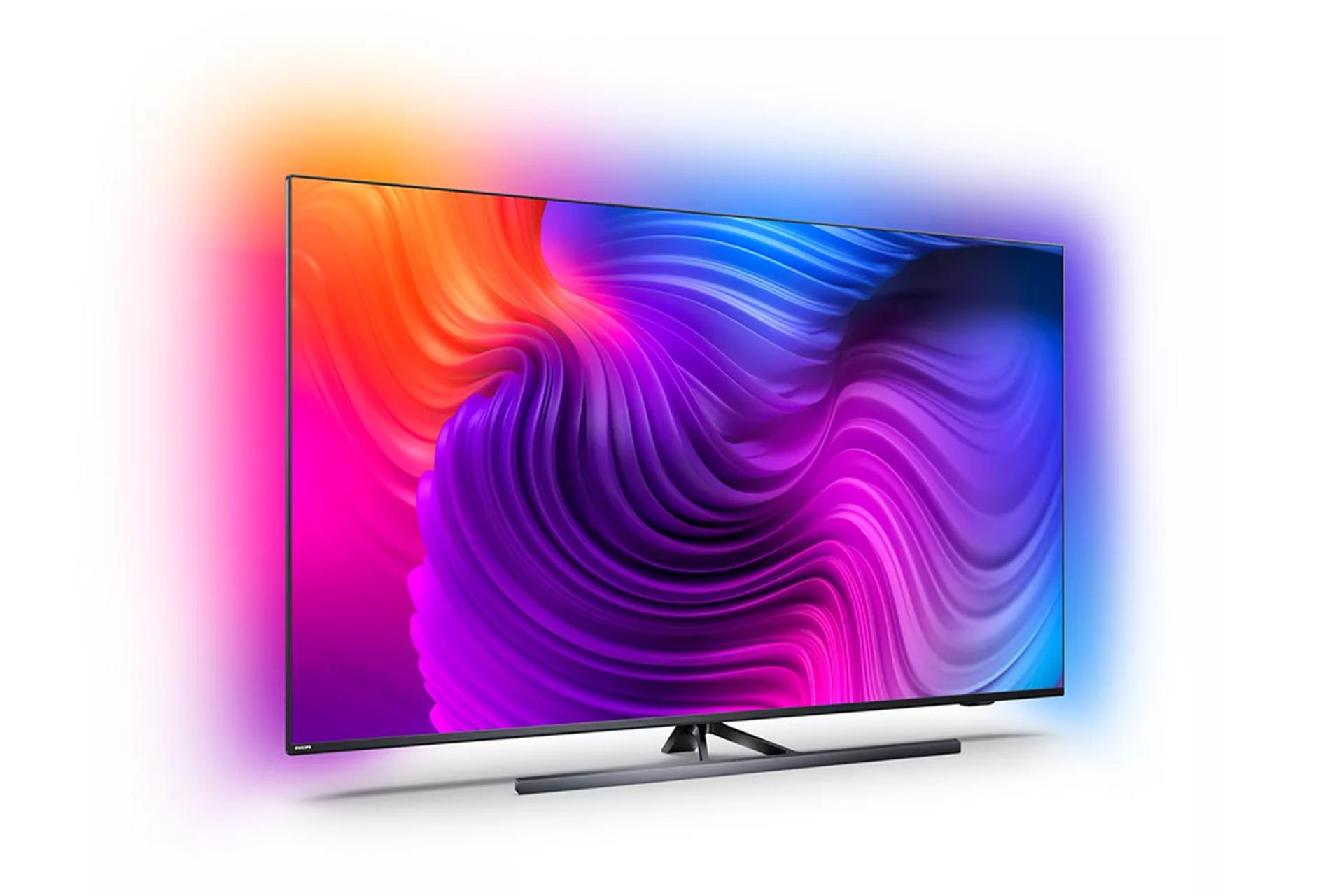 تلویزیون فیلیپس Philips PUS8556 نمای جلو و راست حالت نورپردازی Ambilight