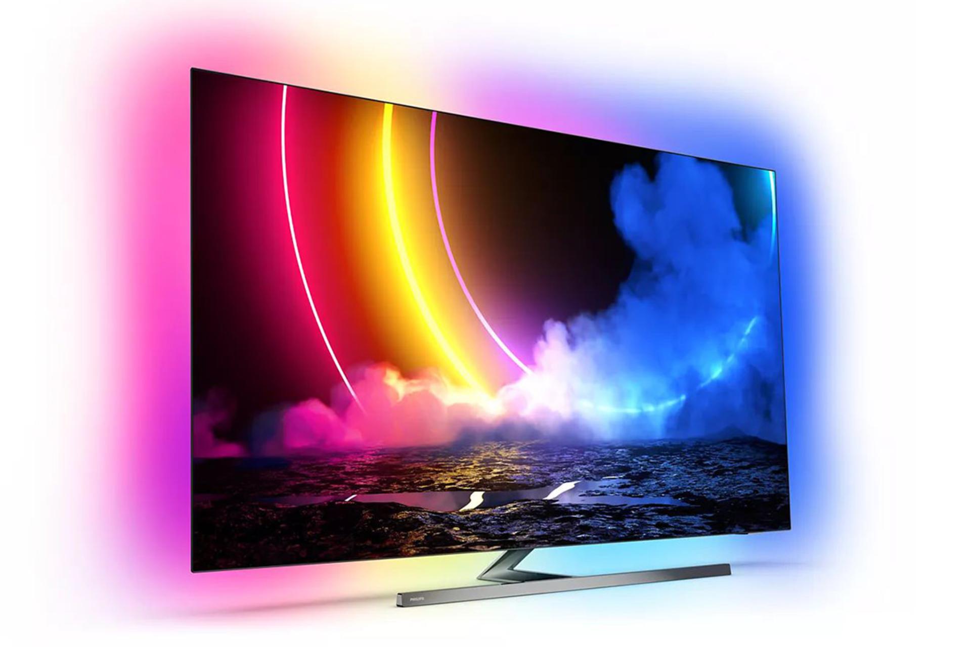 تلویزیون فیلیپس Philips OLED856 نمای جلو و چپ حالت نورپردازی Ambilight