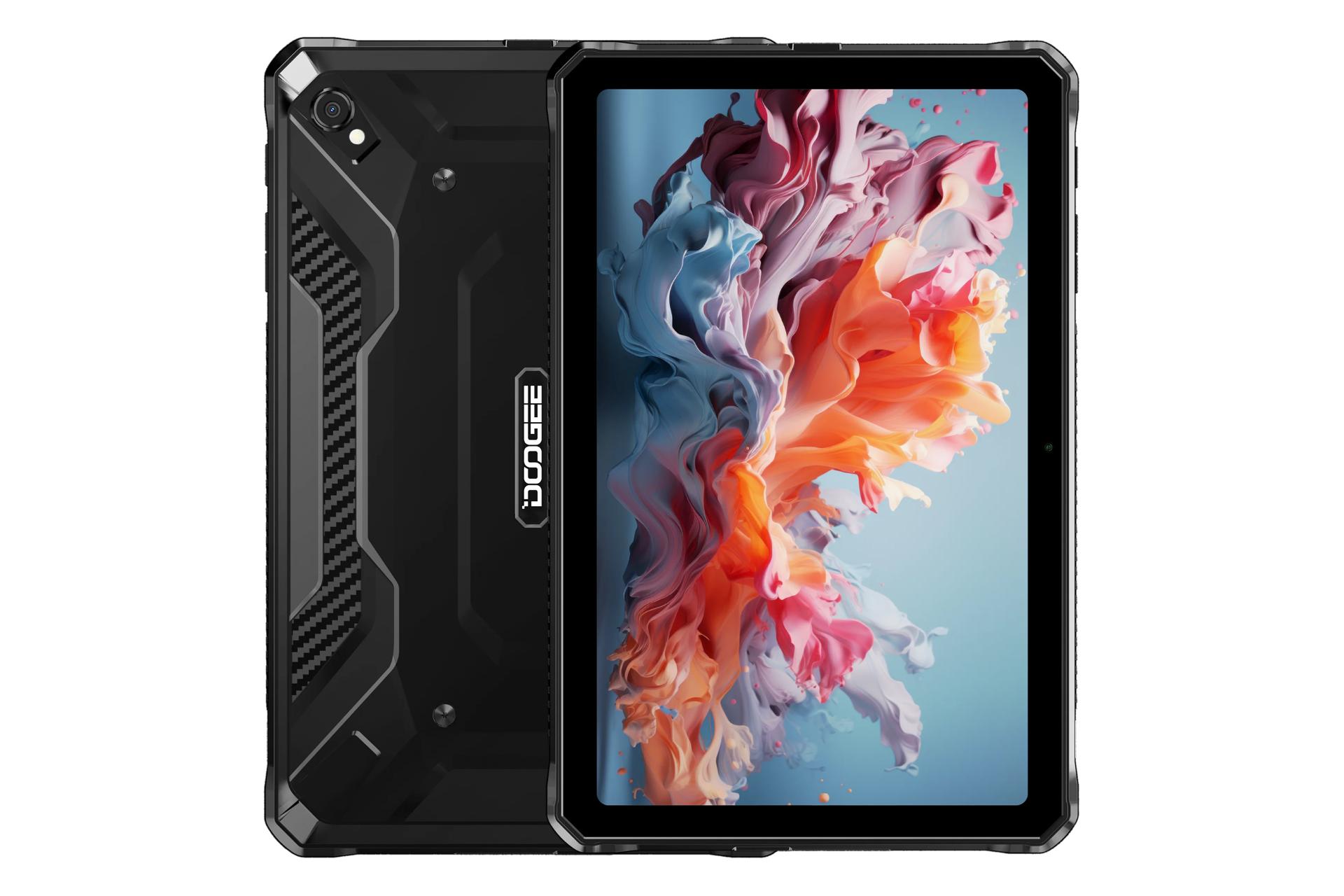 نمای کلی تبلت R20 دوجی / Doogee R20 با نمایشگر روشن و نمایش لوگو و دوربین پنل پشت رنگ مشکی