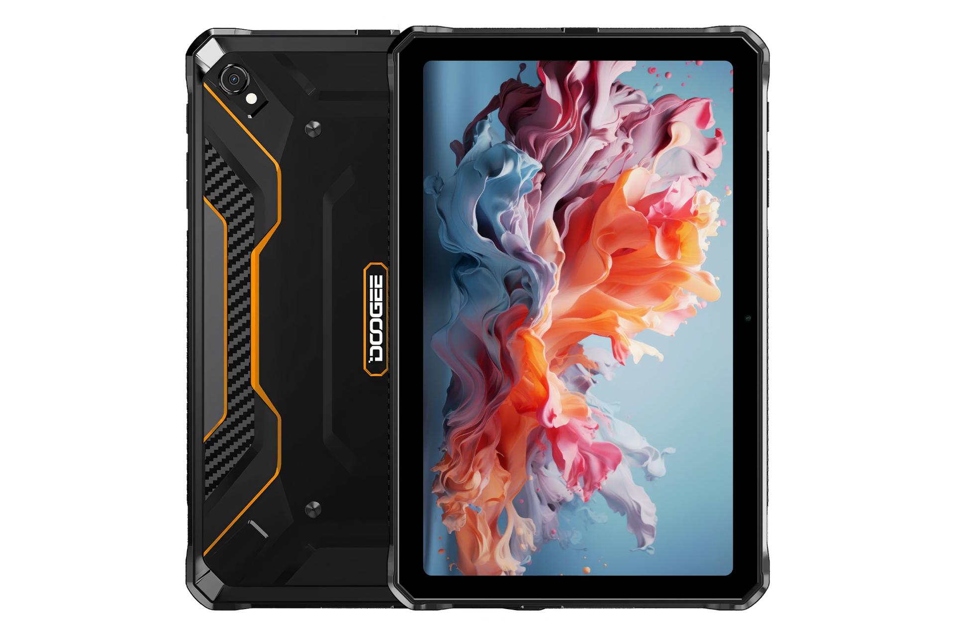 نمای کلی تبلت R20 دوجی / Doogee R20 با نمایشگر روشن و نمایش لوگو و دوربین پنل پشت رنگ مشکی و نارنجی