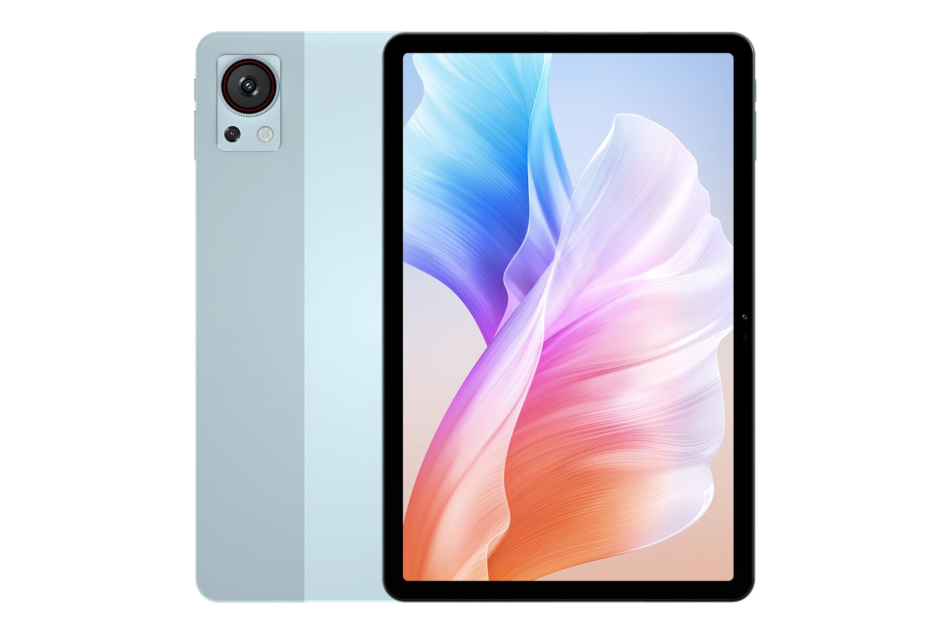 نمای کلی تبلت T30S دوجی / Doogee T30S با نمایشگر روشن و نمایش دوربین پنل پشت رنگ آبی