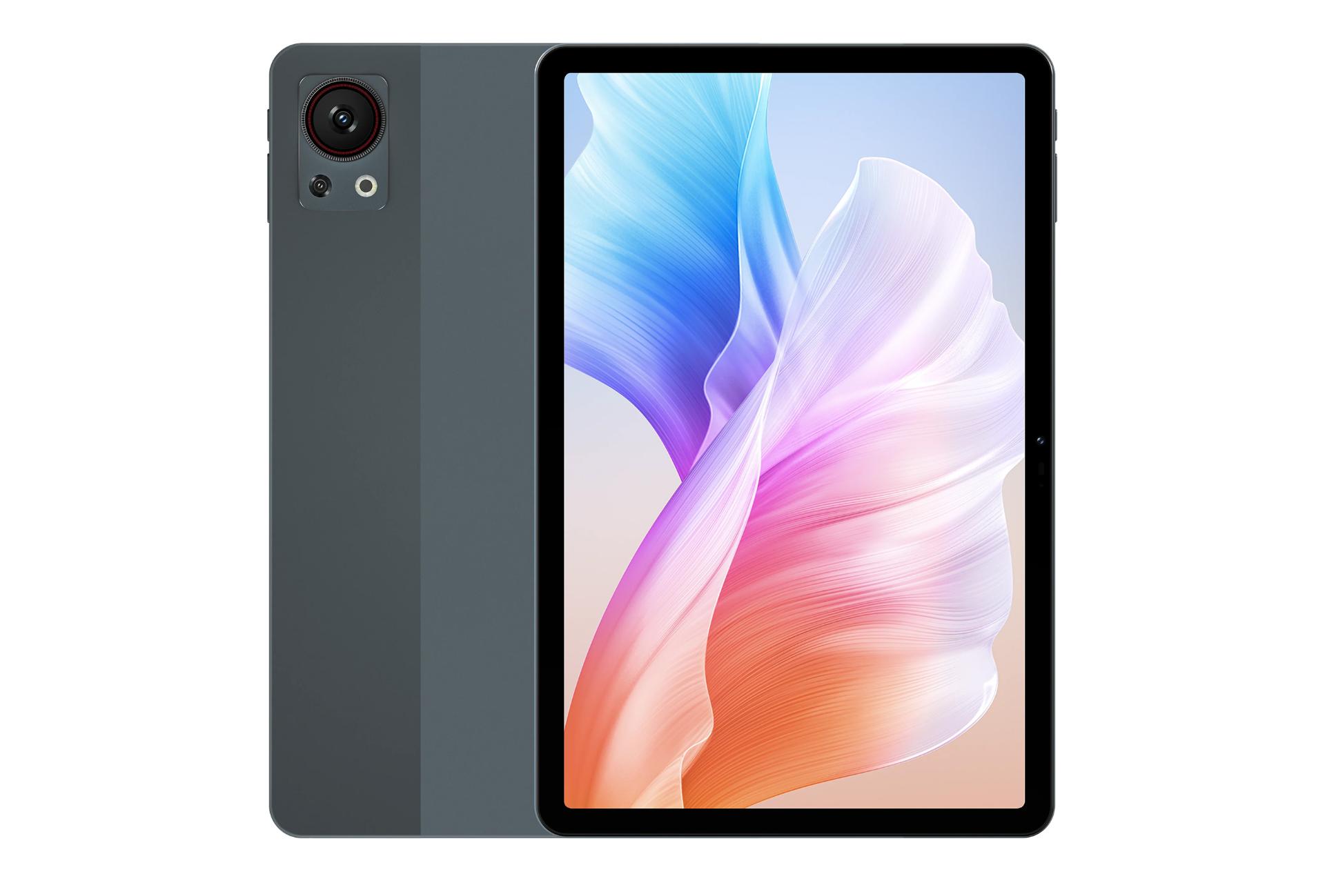 نمای کلی تبلت T30S دوجی / Doogee T30S با نمایشگر روشن و نمایش دوربین پنل پشت رنگ خاکستری