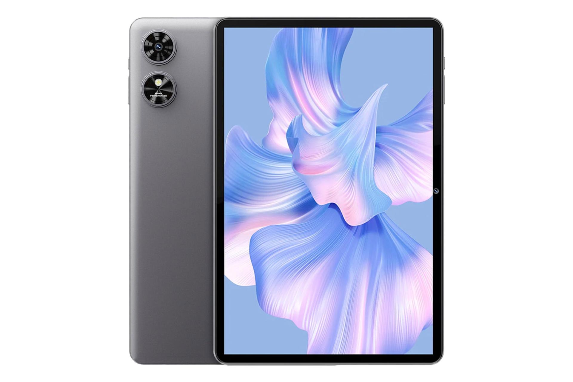 نمای کلی تبلت اوکیتل OT6 / تبلت اوکیتل OT6 با نمایشگر روشن و نمایش دوربین پنل پشت رنگ خاکستری