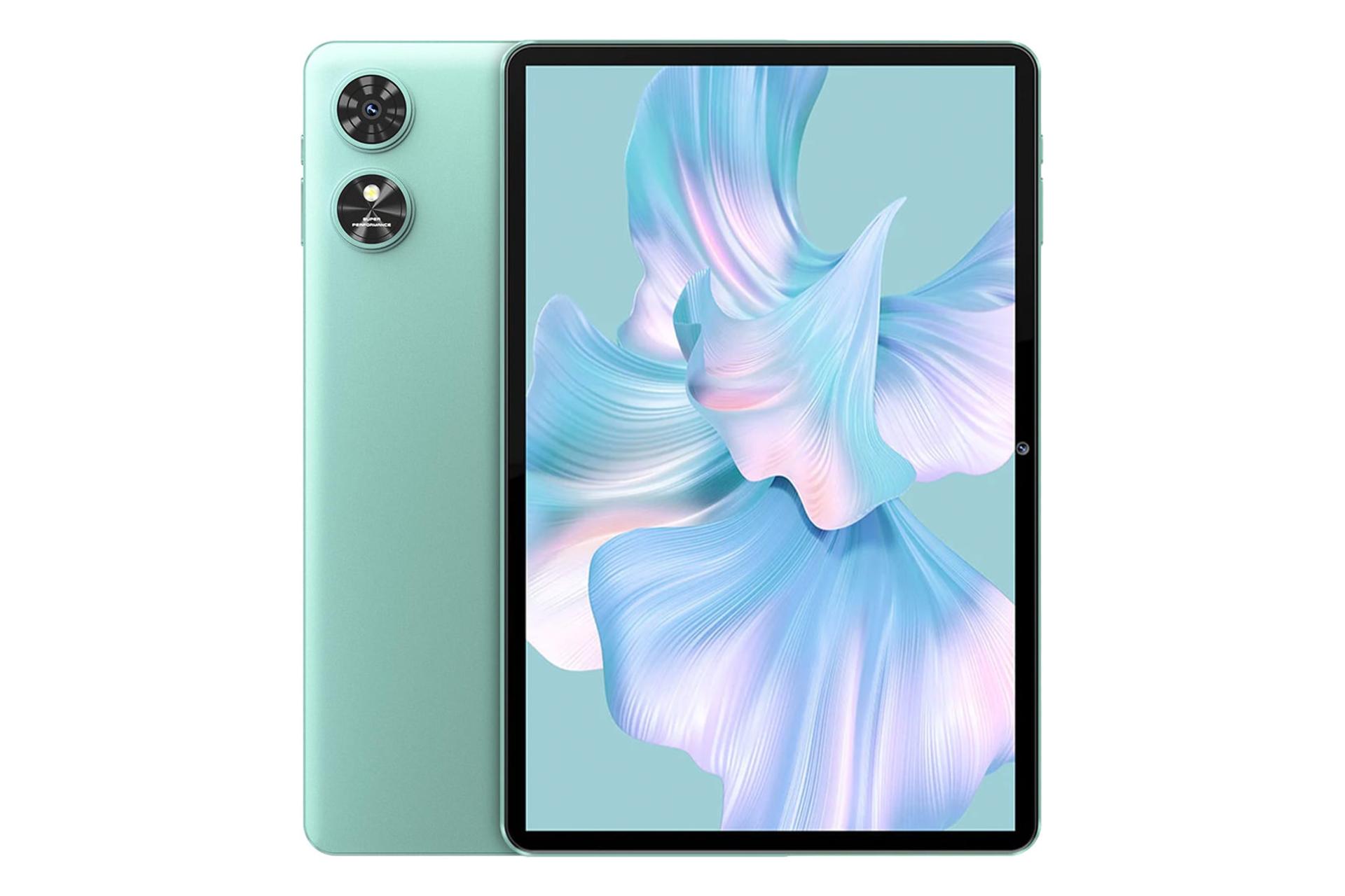 نمای کلی تبلت اوکیتل OT6 / تبلت اوکیتل OT6 با نمایشگر روشن و نمایش دوربین پنل پشت رنگ سبز