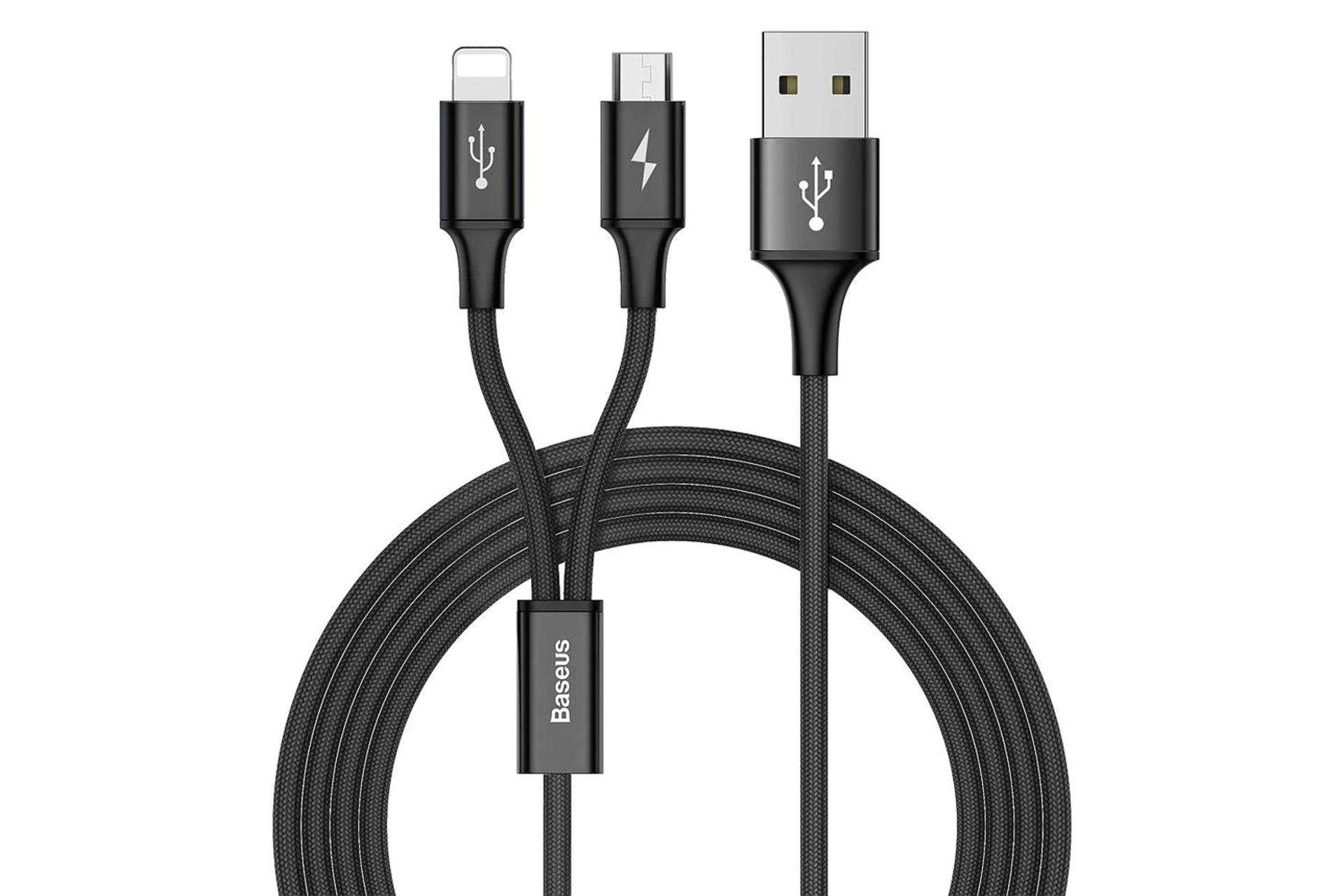 کابل شارژ USB باسئوس Type-A به Micro-USB+Lightning مدل Rapid 2in1 با طول 1.2 متر رنگ مشکی