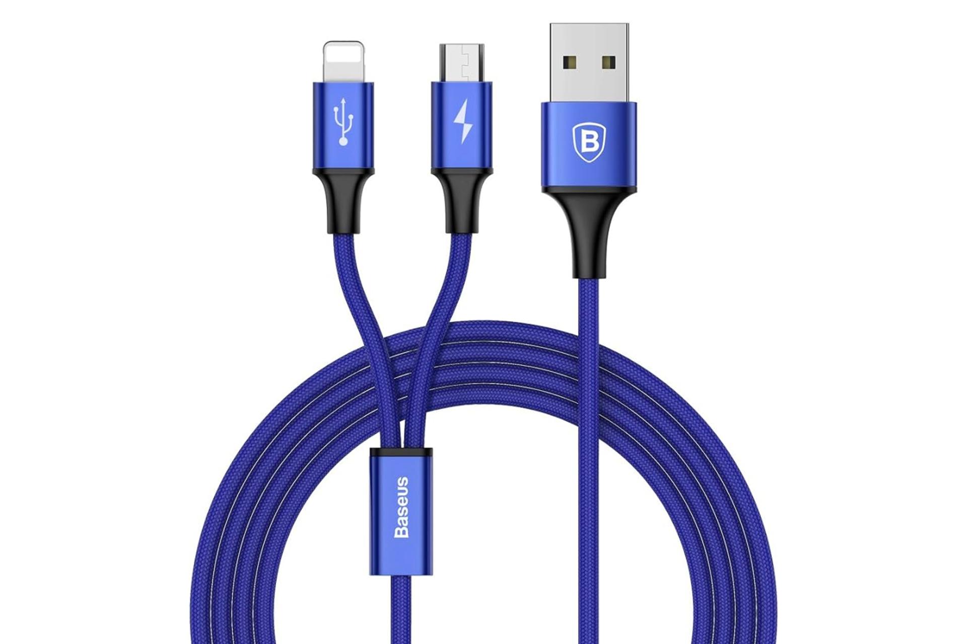 کابل شارژ USB باسئوس Type-A به Micro-USB+Lightning مدل Rapid 2in1 با طول 1.2 متر رنگ آبی