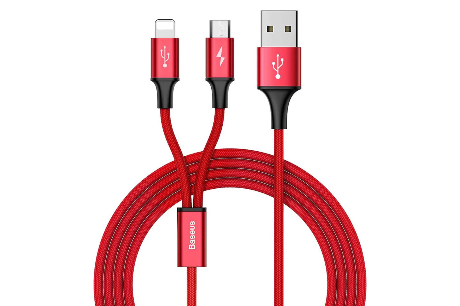 کابل شارژ USB باسئوس Type-A به Micro-USB+Lightning مدل Rapid 2in1 با طول 1.2 متر رنگ قرمز