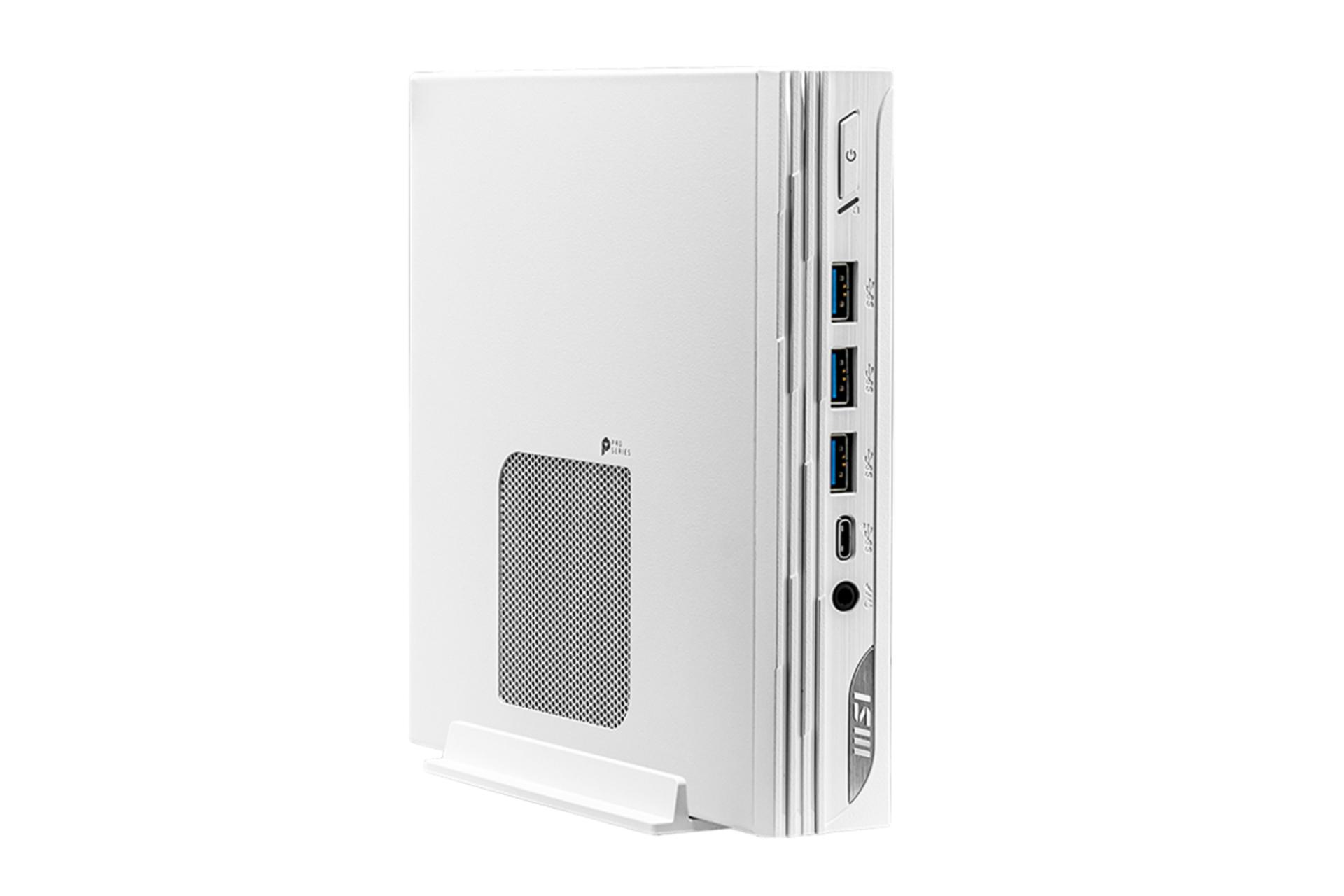 نمای نیمرخ کامپیوتر کوچک PRO DP10 13M ام اس آی با نمایش پنل بالا و منافذ عبور هوا در حالت ایستاده و درگاه های پنل جلو رنگ سفید