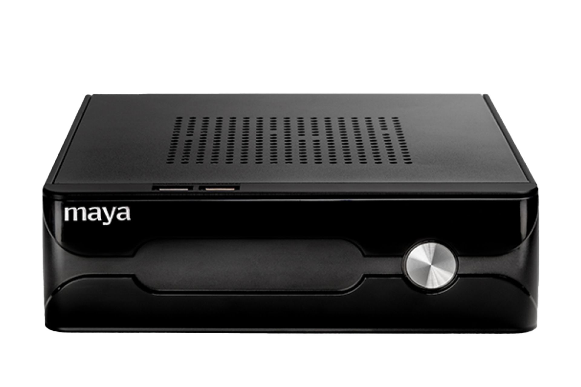 نمای رو به روی کامپیوتر کوچک MD A مایا با نمایش لوگو و دکمه پاور