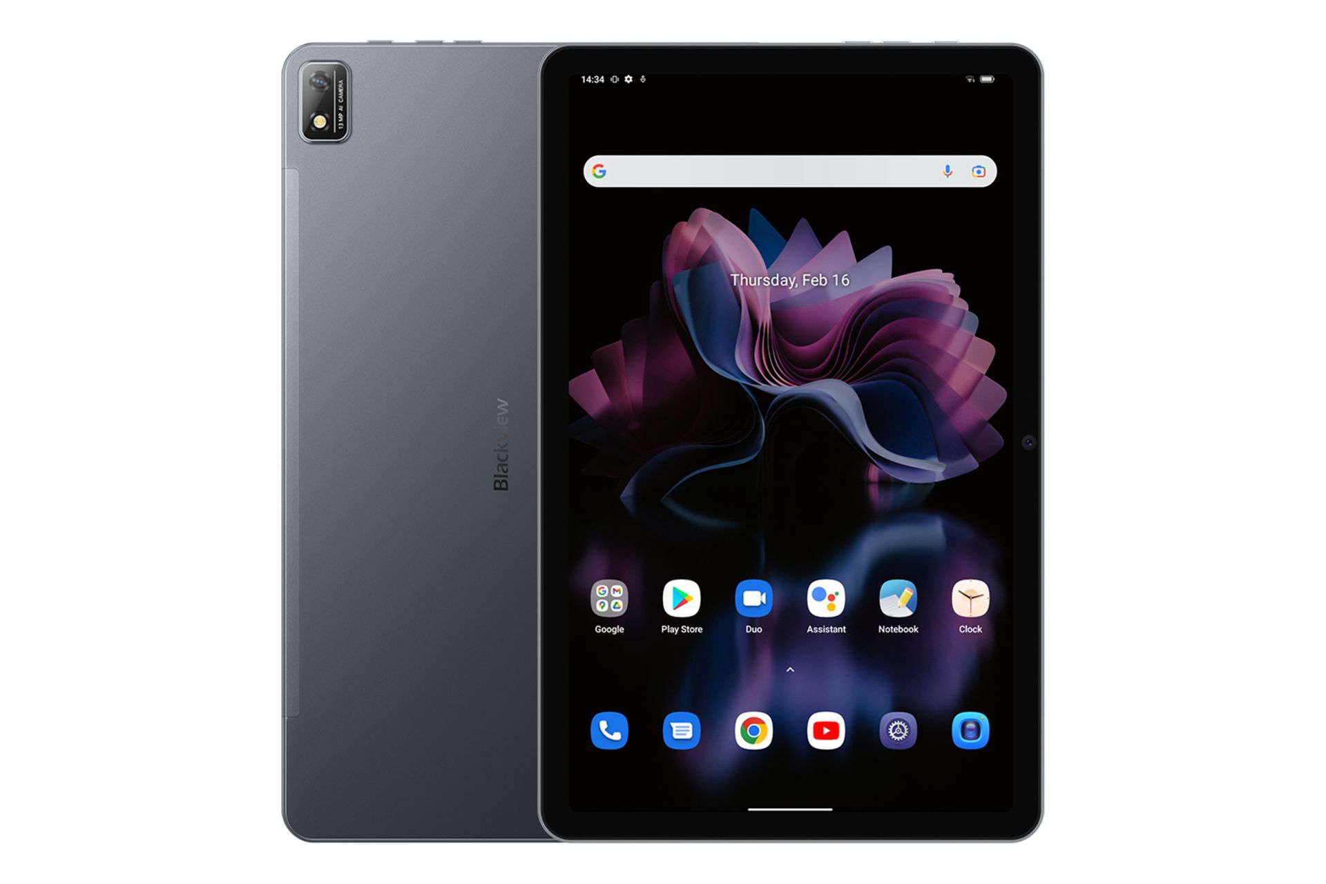 نمای کلی تبلت تب 16 بلک ویو / Blackview Tab 16 با نمایشگر روشن و نمایش لوگو و دوربین پنل پشت رنگ خاکستری