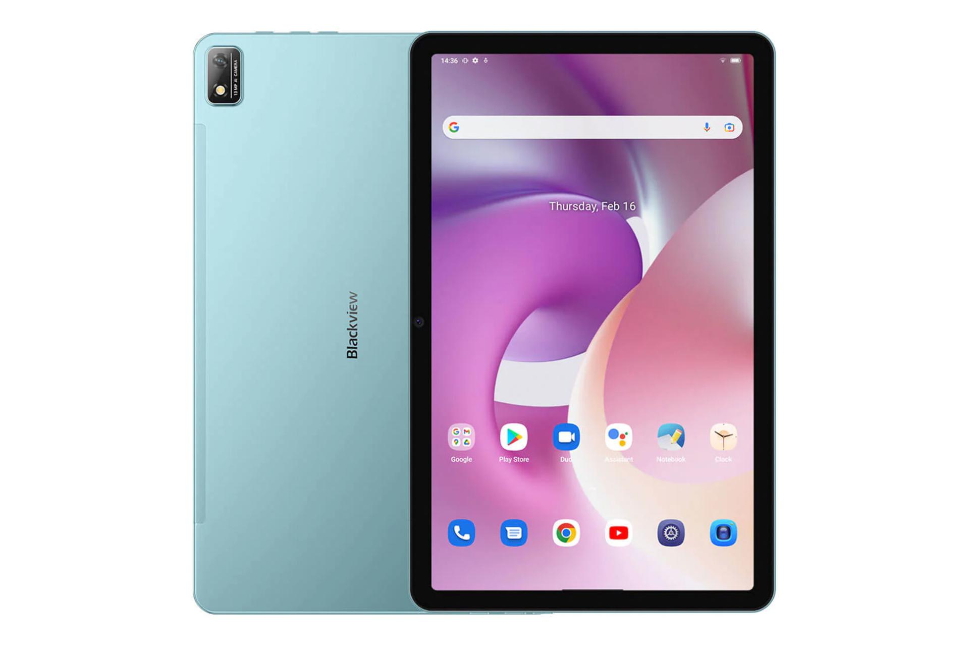 نمای کلی تبلت تب 16 بلک ویو / Blackview Tab 16 با نمایشگر روشن و نمایش لوگو و دوربین پنل پشت رنگ سبز