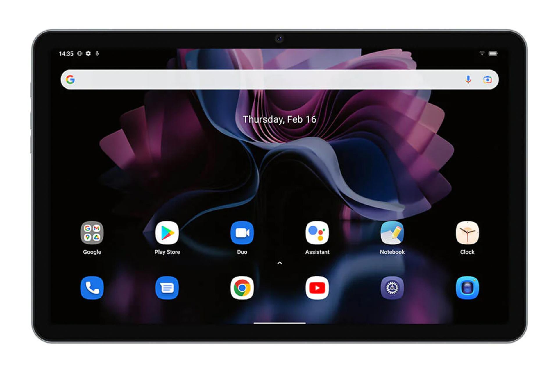 نمای رو به روی تبلت تب 16 بلک ویو / Blackview Tab 16 با نمایش حاشیه های نمایشگر و دوربین سلفی