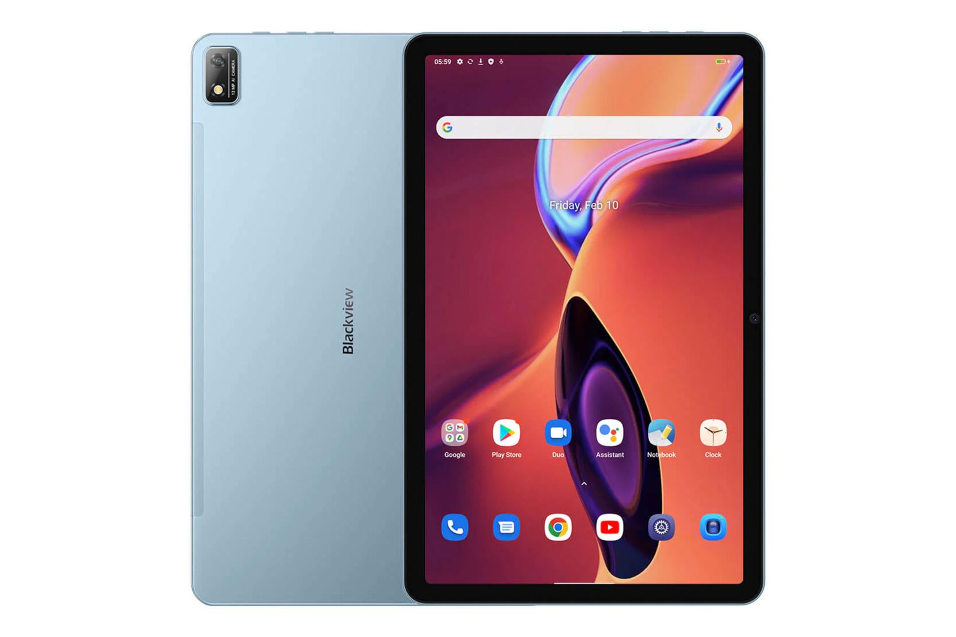 نمای کلی تبلت تب 16 بلک ویو / Blackview Tab 16 با نمایشگر روشن و نمایش لوگو و دوربین پنل پشت رنگ آبی