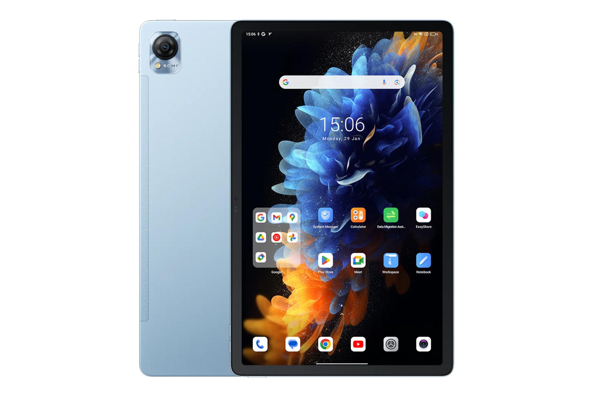 نمای کلی تبلت مگا 1 بلک ویو / Blackview MEGA 1 با نمایشگر روشن و نمایش دوربین پنل پشت رنگ آبی