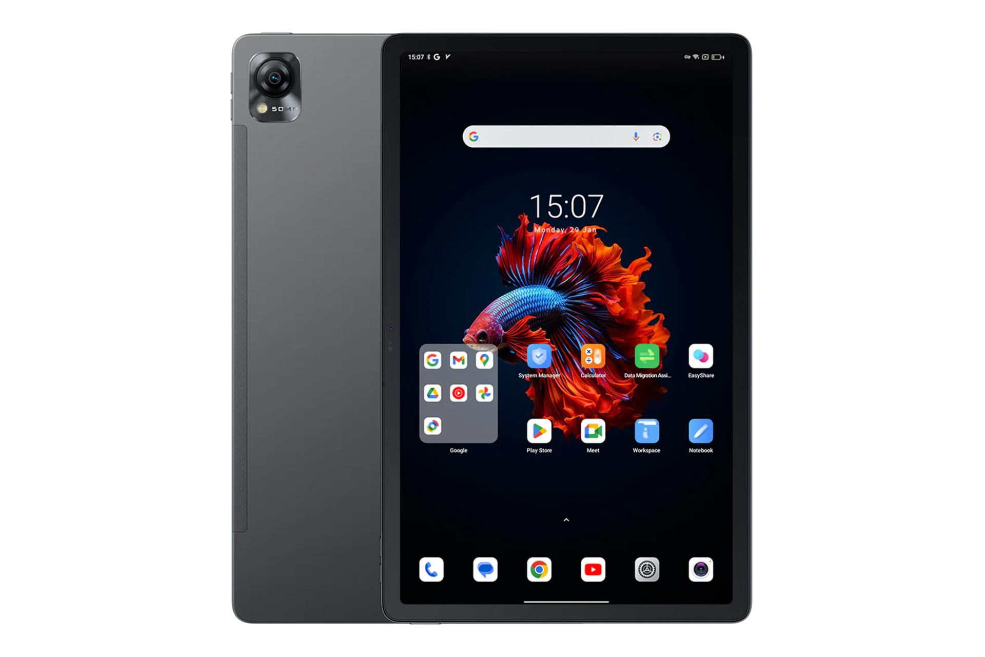 نمای کلی تبلت مگا 1 بلک ویو / Blackview MEGA 1 با نمایشگر روشن و نمایش دوربین پنل پشت رنگ خاکستری