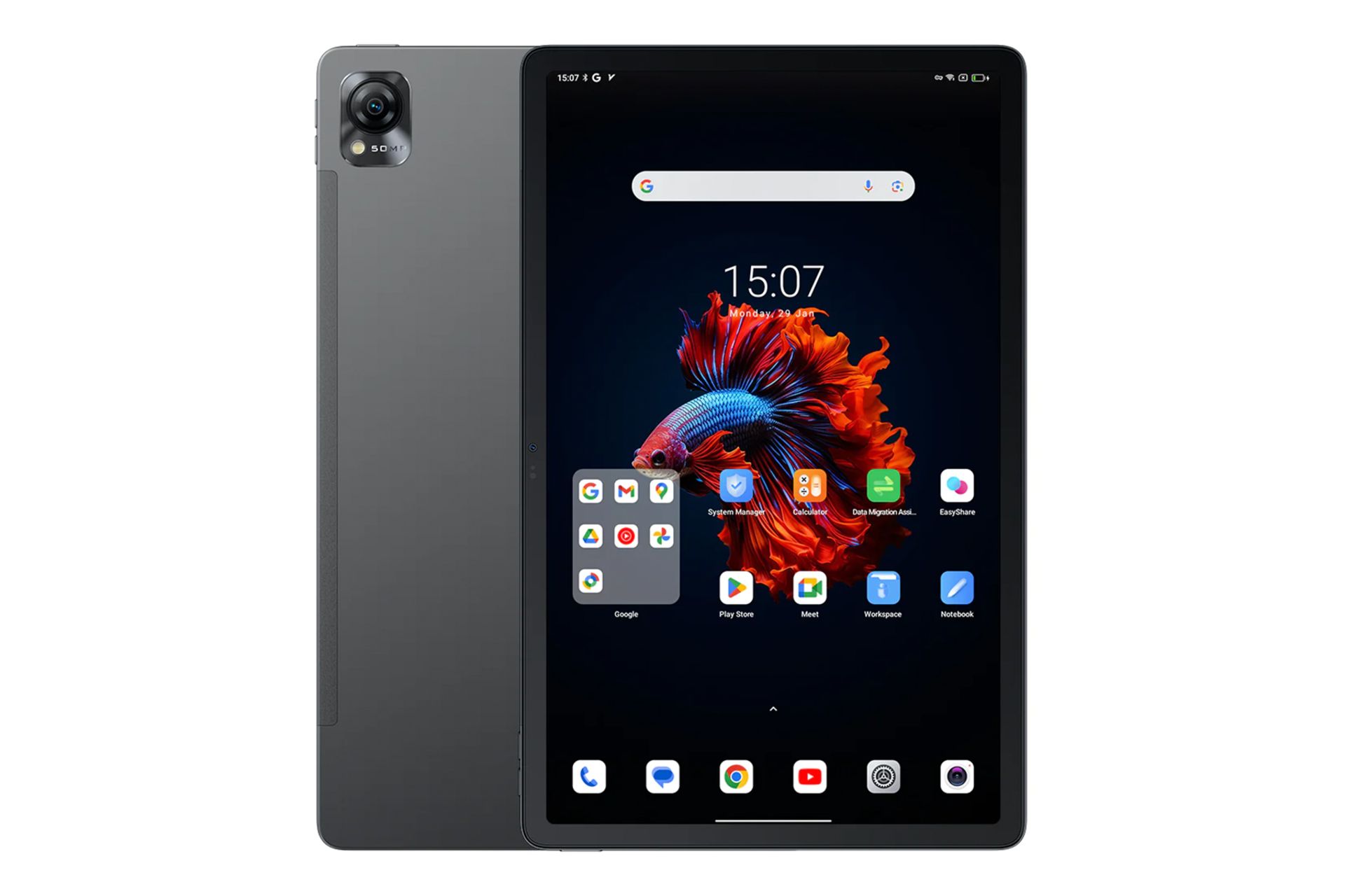 نمای کلی تبلت مگا 1 بلک ویو / Blackview MEGA 1 با نمایشگر روشن و نمایش دوربین پنل پشت رنگ خاکستری