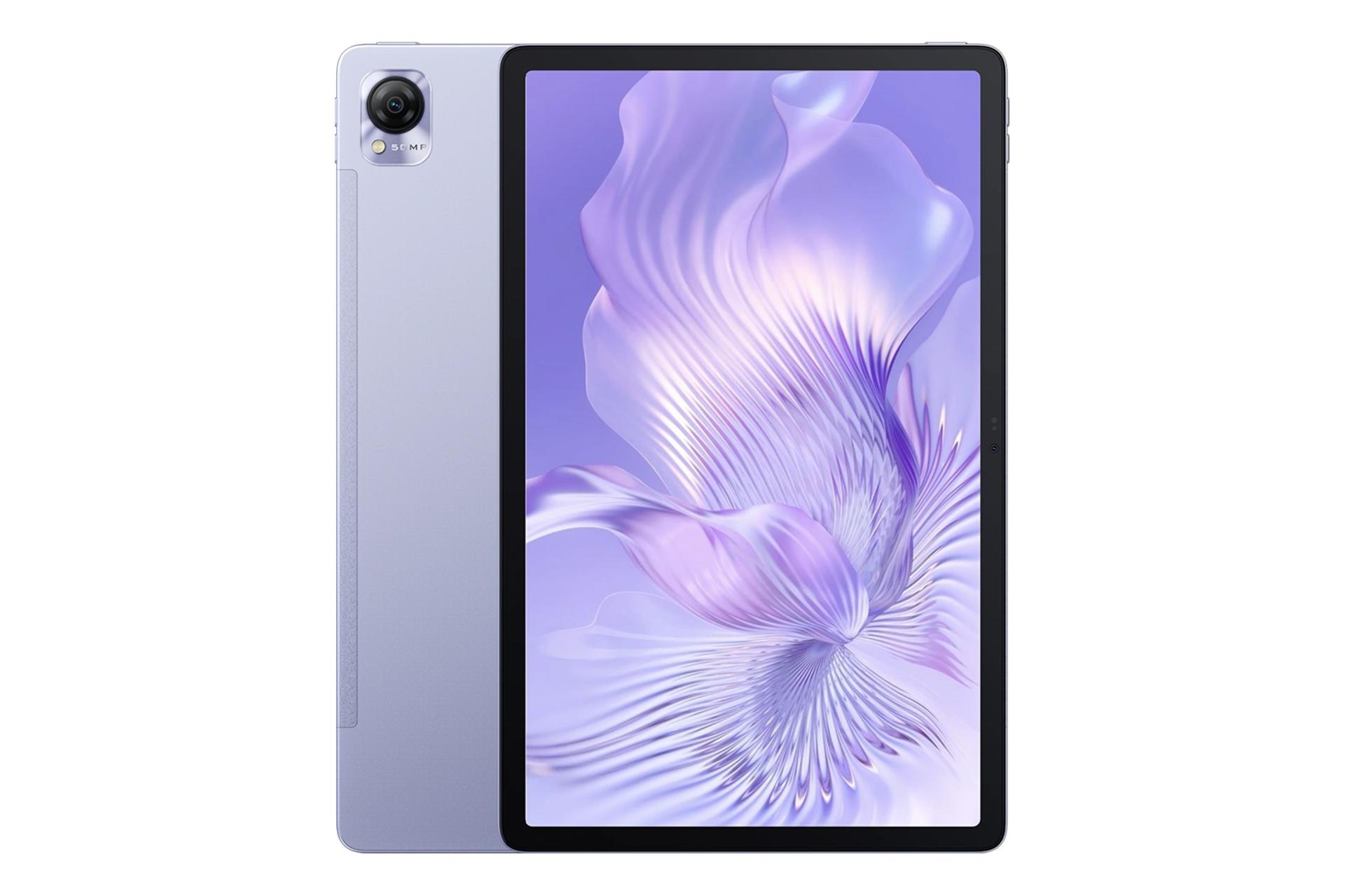 نمای کلی تبلت مگا 1 بلک ویو / Blackview MEGA 1 با نمایشگر روشن و نمایش دوربین پنل پشت رنگ بنفش