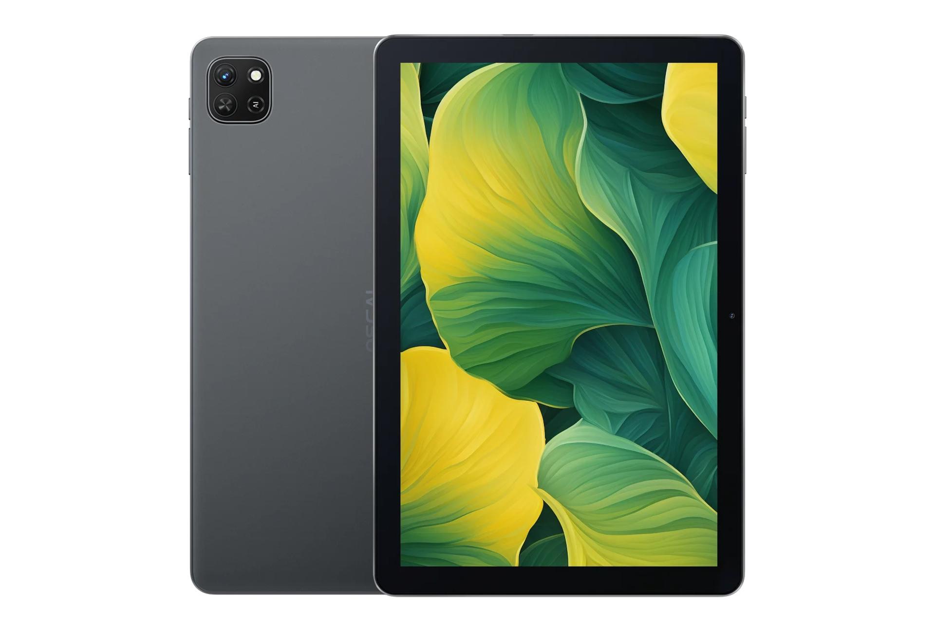 نمای کلی تبلت اسکال پد 50 WIFI بلک ویو / Blackview Oscal Pad 50 WIFI با نمایشگر روشن و نمایش دوربین پنل پشت رنگ خاکستری