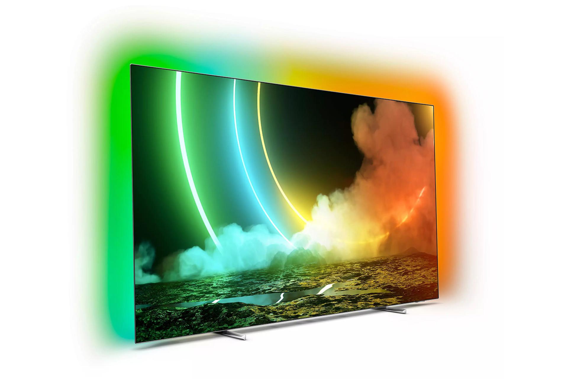تلویزیون فیلیپس Philips OLED706 نمای جلو و راست نورپردازی Ambilight