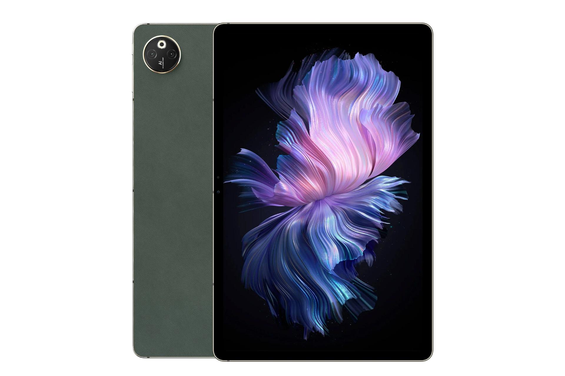 نمای کلی تبلت T30 Max دوجی / Doogee T30 Max با نمایشگر روشن و نمایش دوربین پنل پشت رنگ سبز