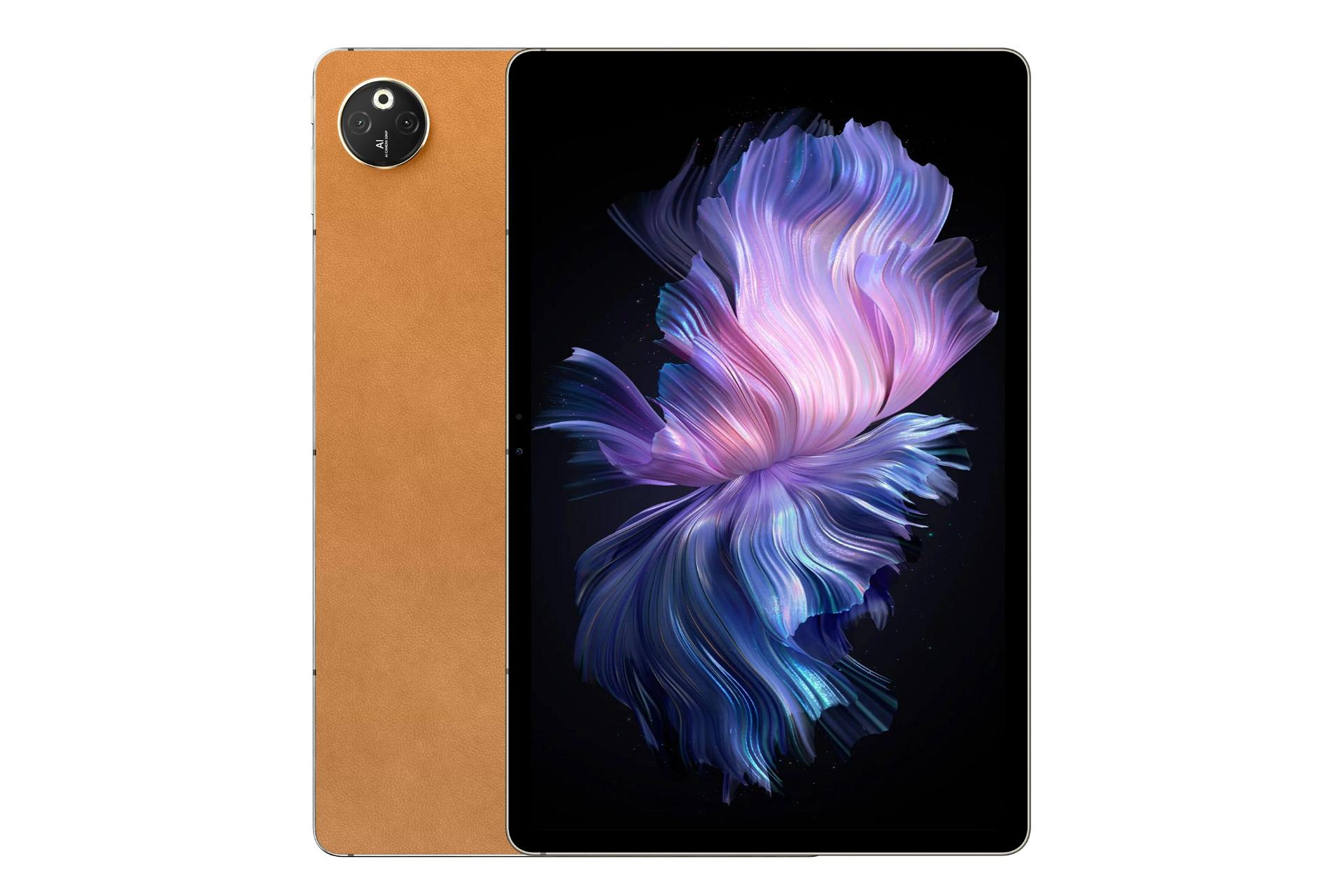 نمای کلی تبلت T30 Max دوجی / Doogee T30 Max با نمایشگر روشن و نمایش دوربین پنل پشت رنگ خاکی