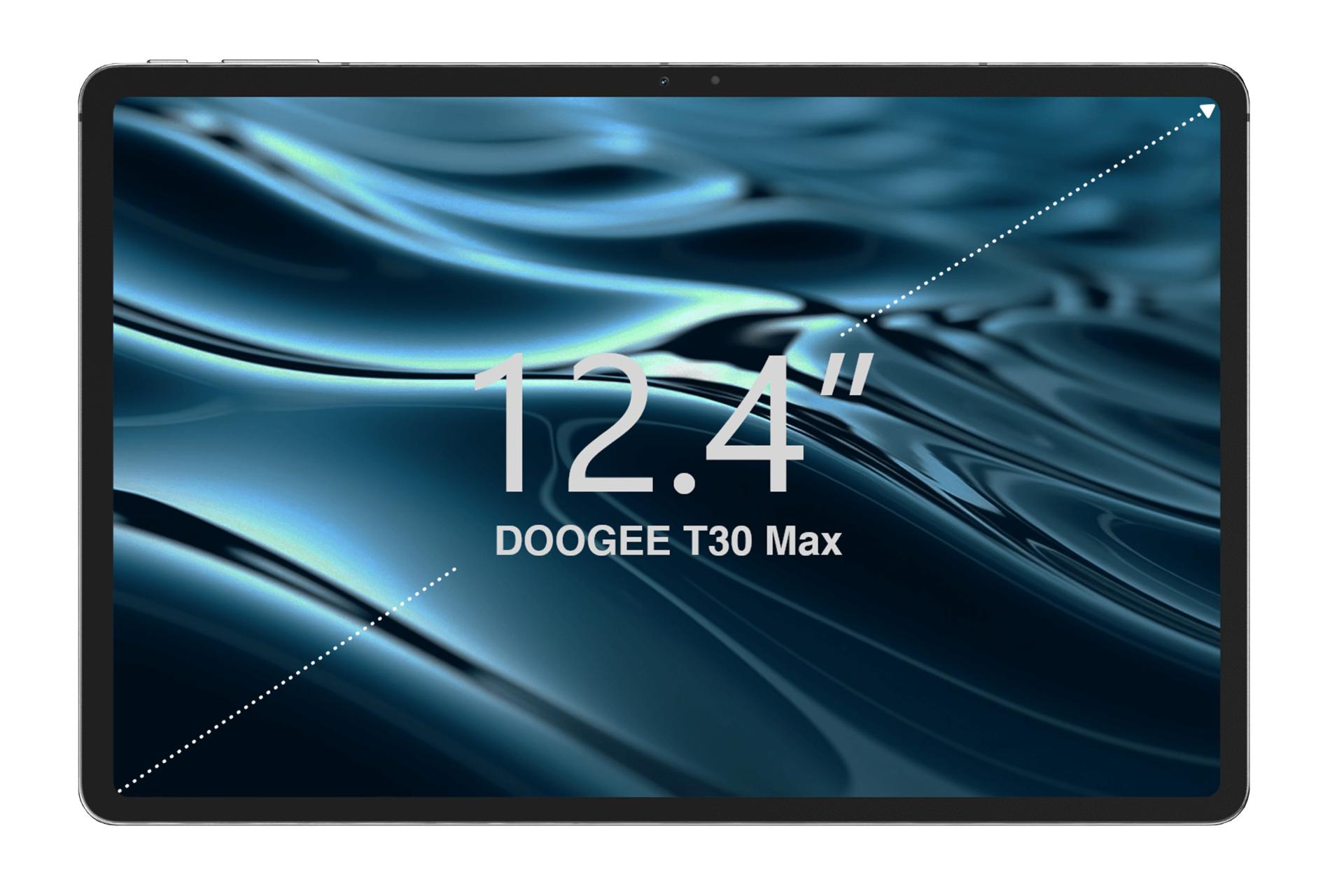 نمای رو به روی تبلت T30 Max دوجی / Doogee T30 Max با نمایشگر روشن و نمایش ابعاد نمایشگر و دوربین سلفی