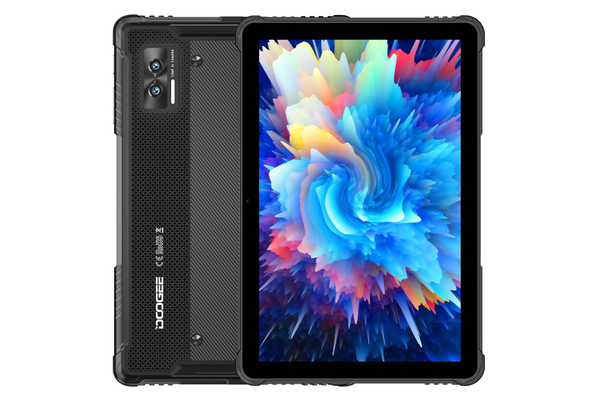 نمای کلی تبلت R08 دوجی / Doogee R08 با نمایشگر روشن و نمایش لوگو و دوربین پنل پشت رنگ مشکی