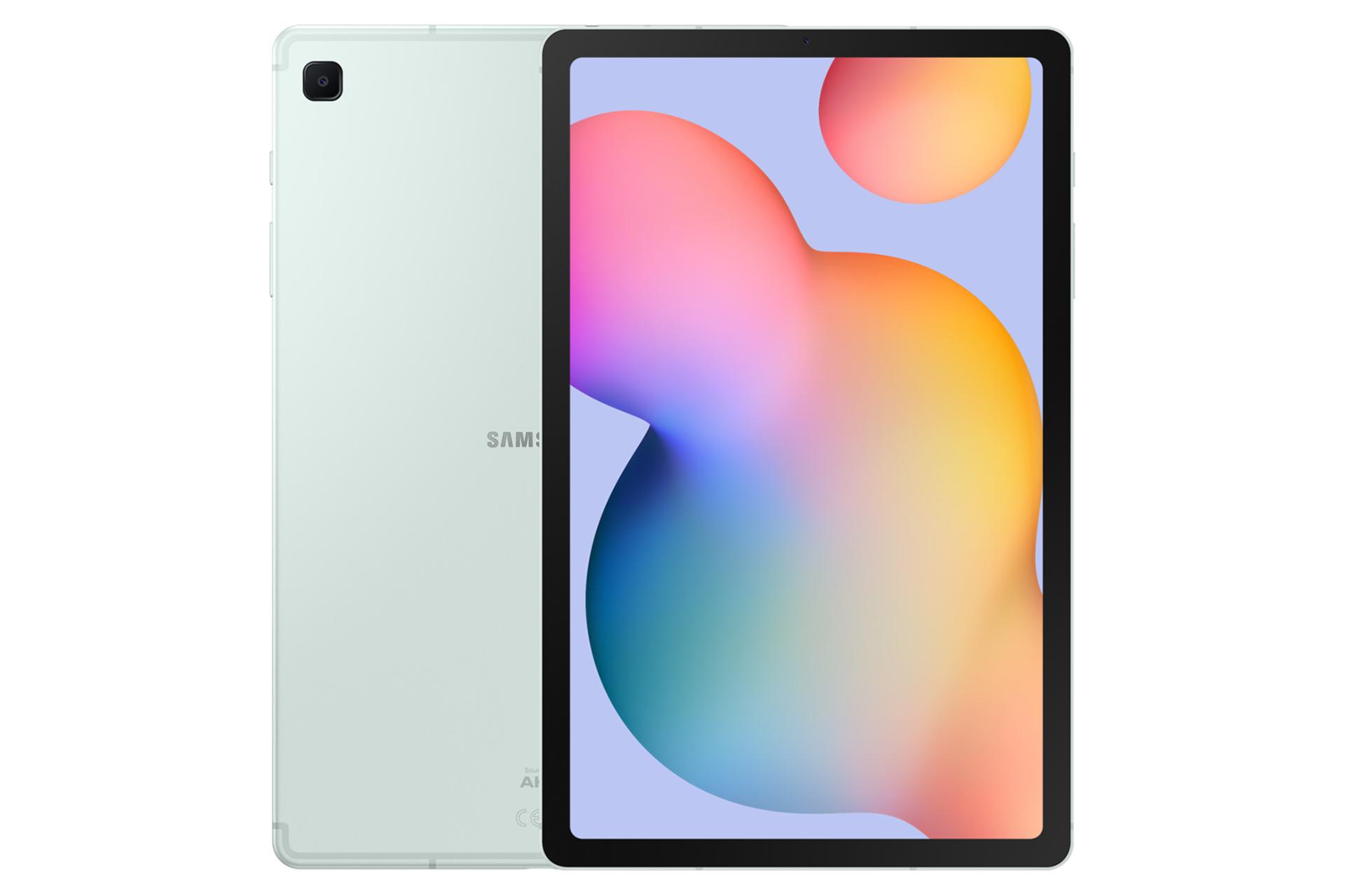 نمای کلی تبلت گلکسی تب اس 6 لایت سامسونگ نسخه 2024 / Samsung Galaxy Tab S6 Lite 2024 با نمایشگر روشن و نمایش لوگو و پنل پشت رنگ سبز نعنایی
