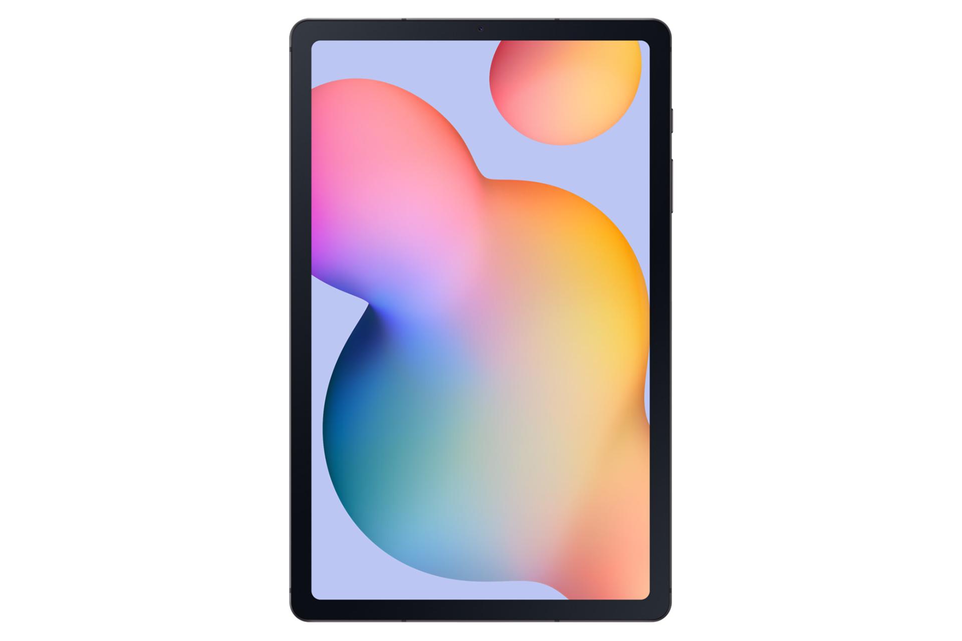 نمای رو به روی تبلت گلکسی تب اس 6 لایت سامسونگ نسخه 2024 / Samsung Galaxy Tab S6 Lite 2024 با نمایش حاشیه های نمایشگر و دوربین سلفی رنگ خاکستری
